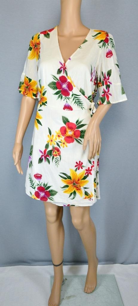 VTG Old Navy Mini White Tropical Floral Deep V Flutter Sleeve Boho Wrap Dress M