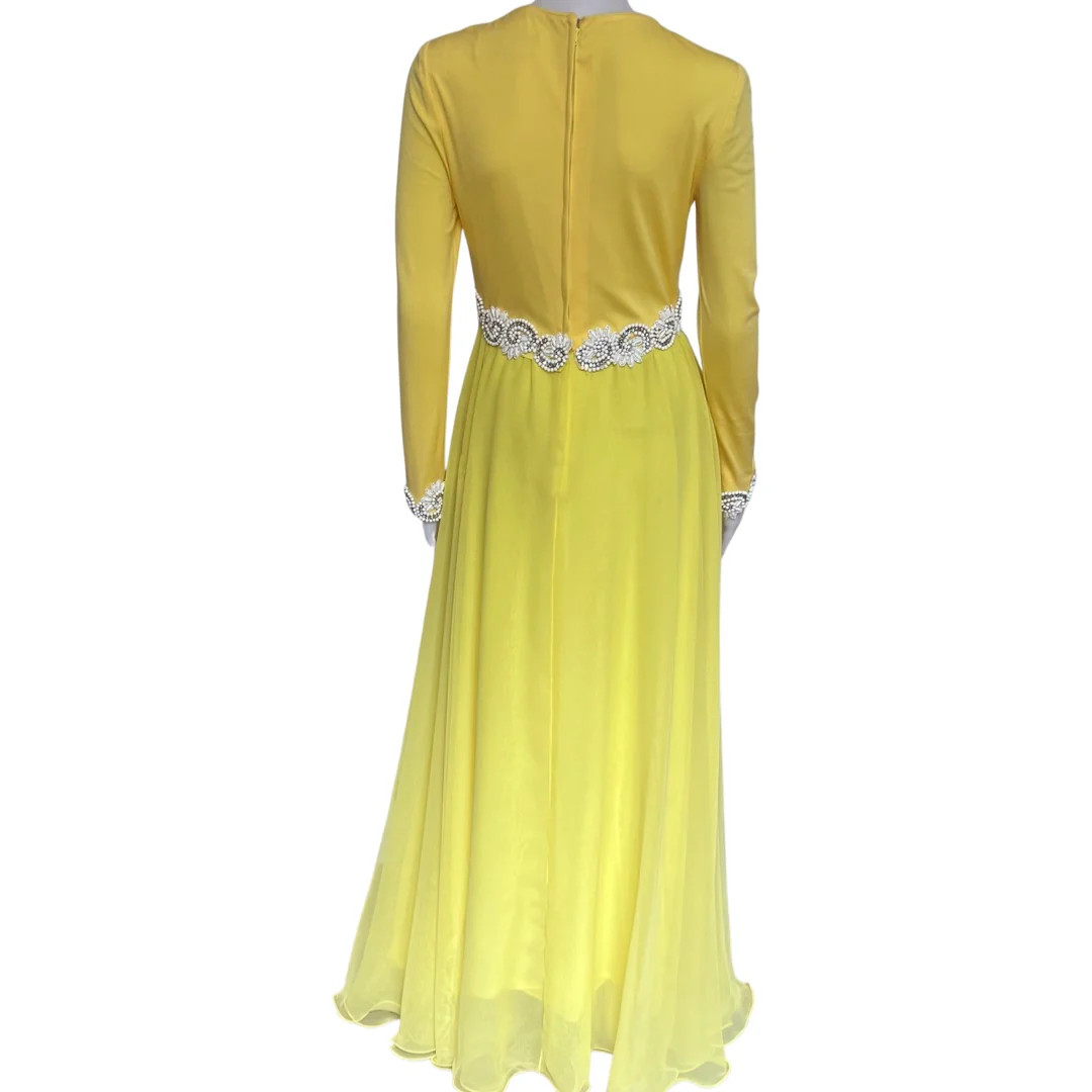 Rare LILLIE RUBIN COLLECTION 700 Yellow Jersey Knit Beaded Maxi Dress Sz S