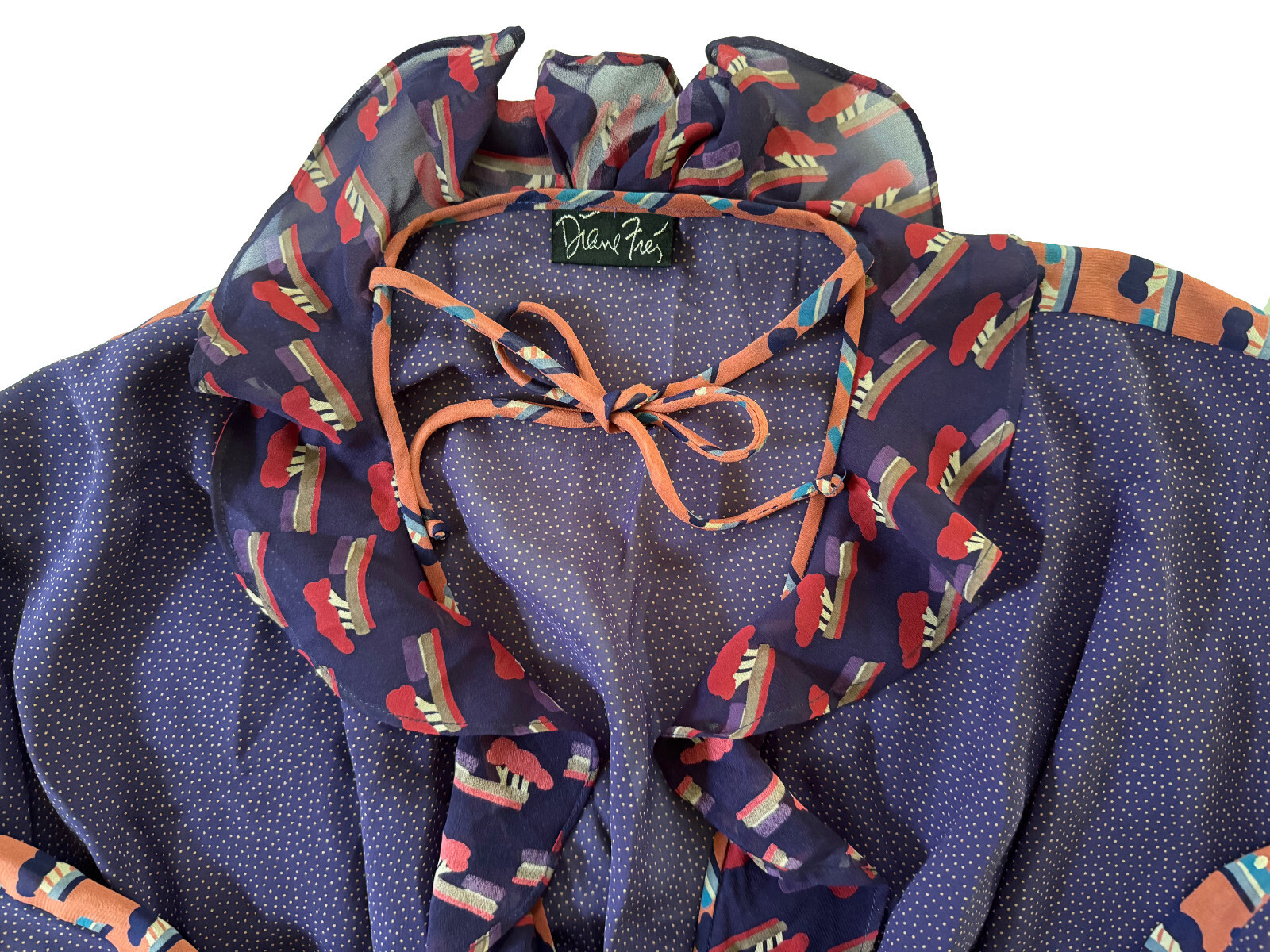 DIANE FREIS Vintage Blouson Dress Georgette Faux Wrap Prints Ruffle Accents O/S