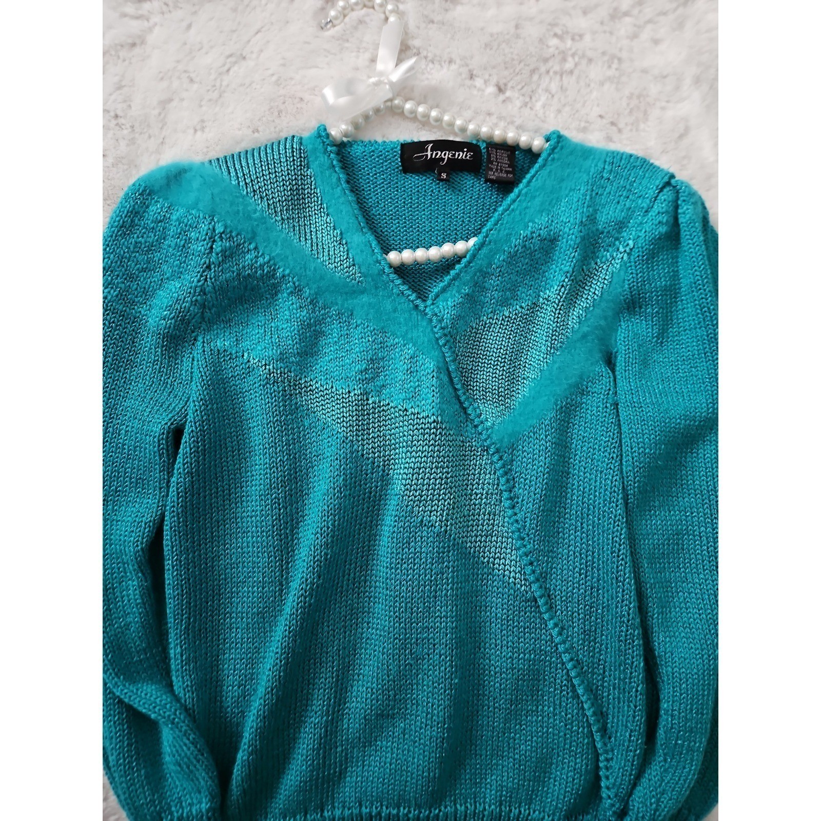 Angenie Sweater Women Small Teal Blue Excellent Vintage 80s V-Neck Angora Blend