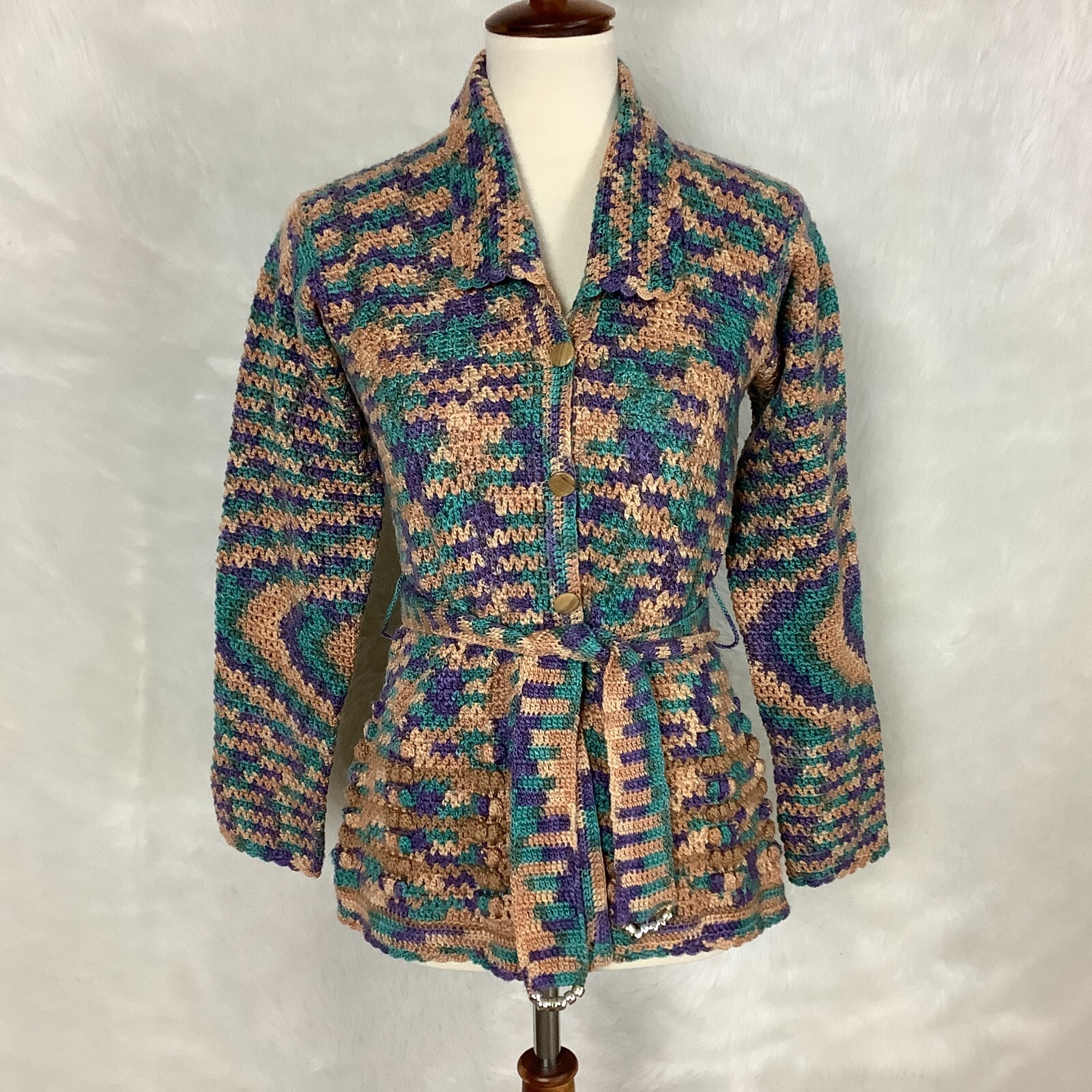 Vintage 70s Tan, Green Blue & Purple Belted Crochet Cardigan Sweater