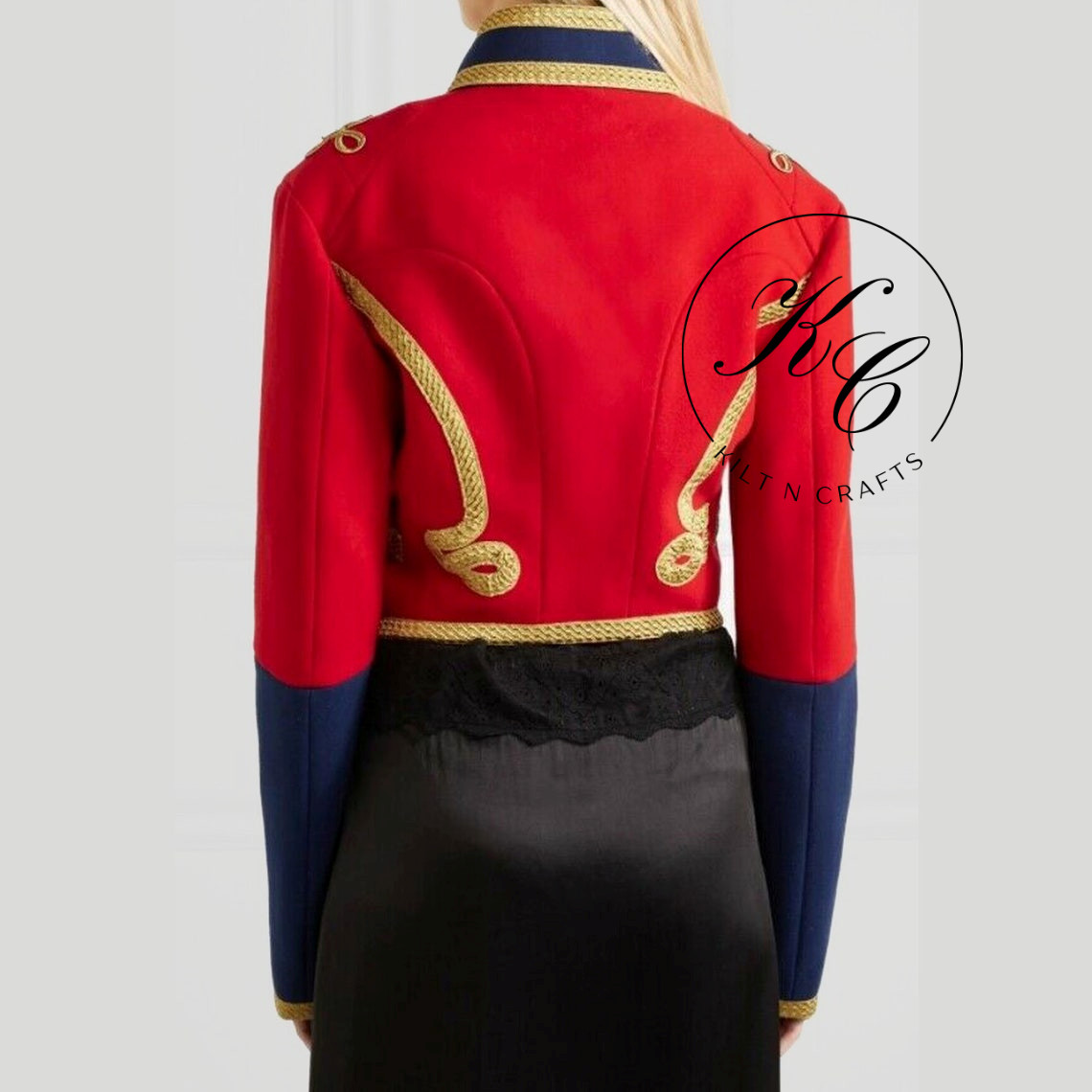 Custom Red Napoleonic Hussar Jacket for Women with Gold Embroidery & Navy Cuffs