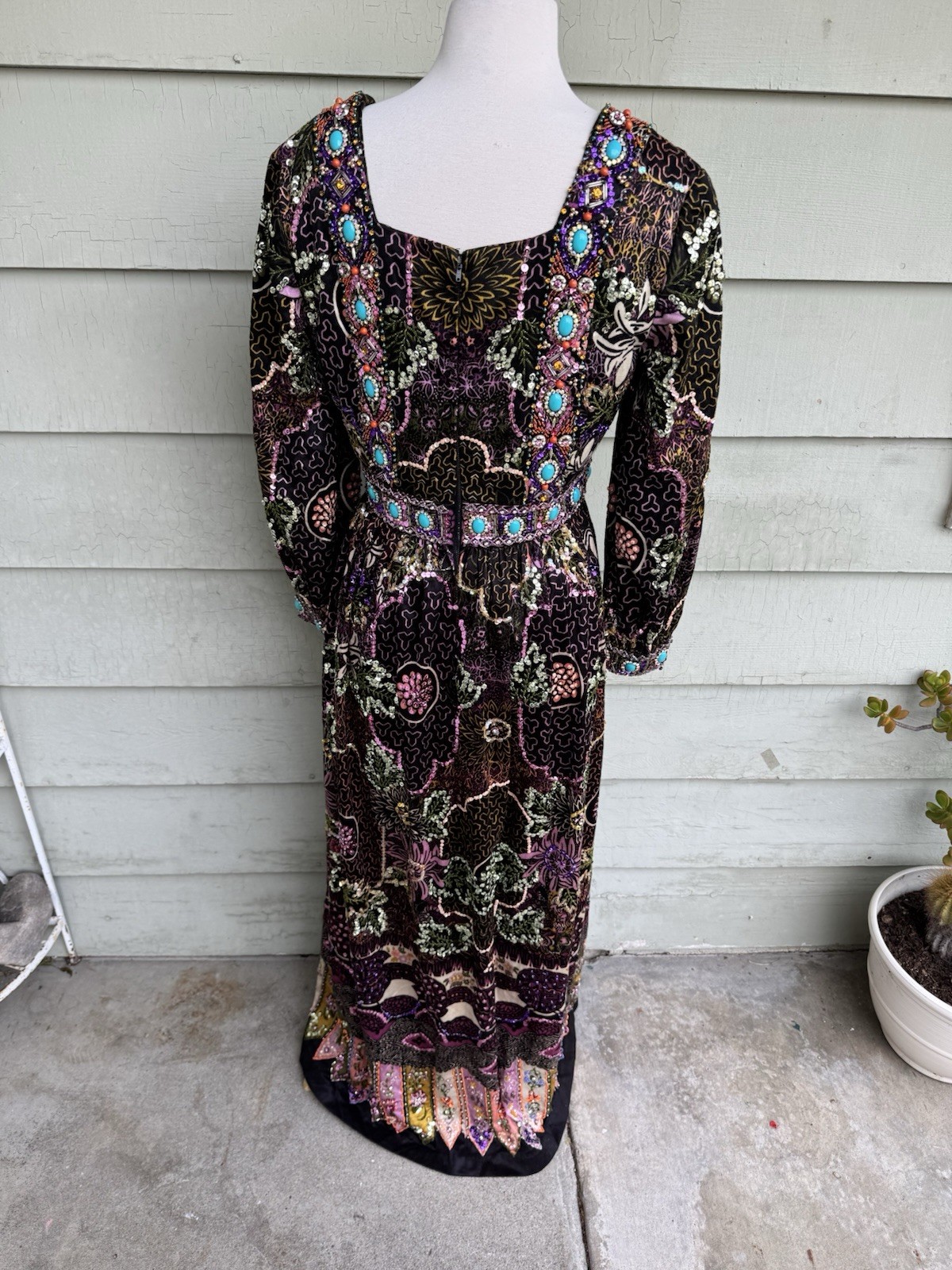 70’s Valentina Ltd Embellished Maxi Dress 12 Boho Sequin Jewels Hostess Gown 28”