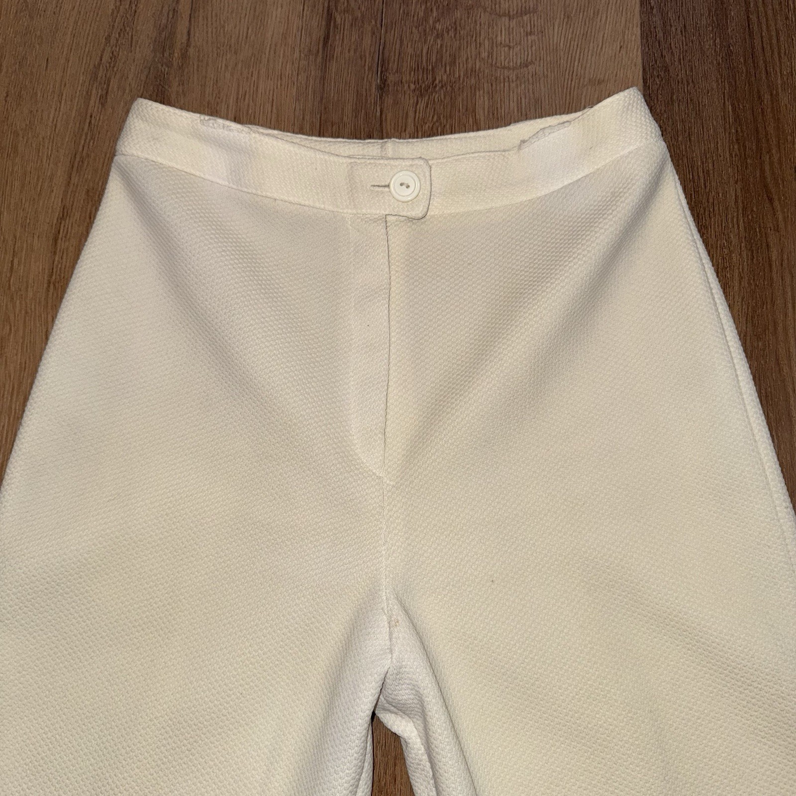 Vtg Bell Bottom Pants Womens 27 27 Loubella 60s 70s Polyester Disco Hippie Cream