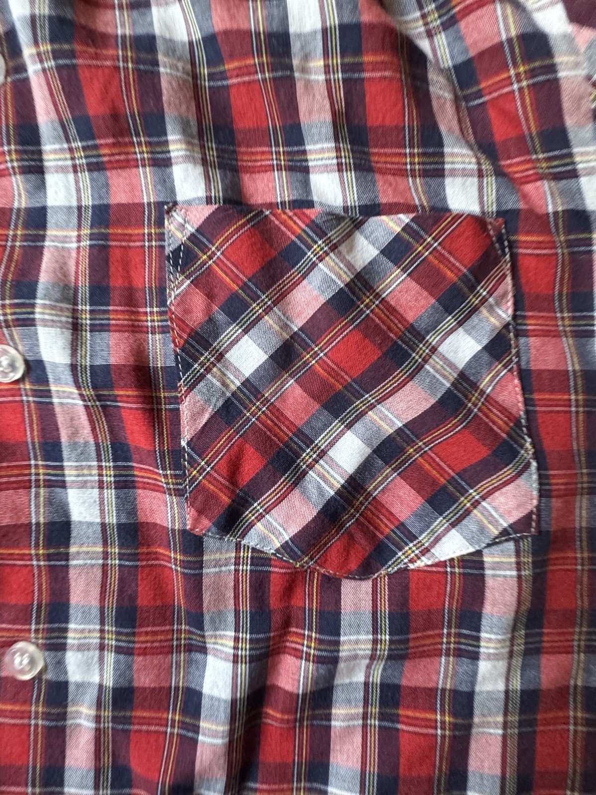 Vintage 70s Sears The Fashion Place Red Blue Plaid Button Down Shirt Size 14