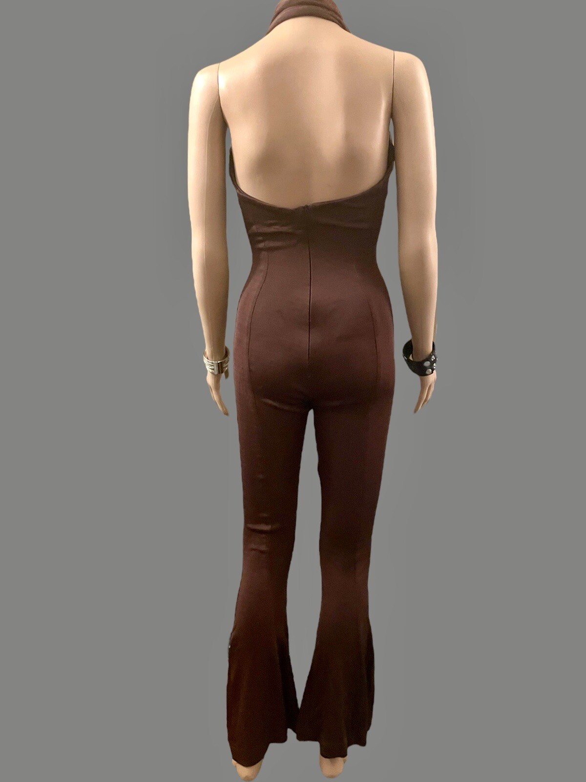 Scanlan Theodore Jumpsuit Vintage 90s Crepe Knit Halter Neck Flared Brown Size S