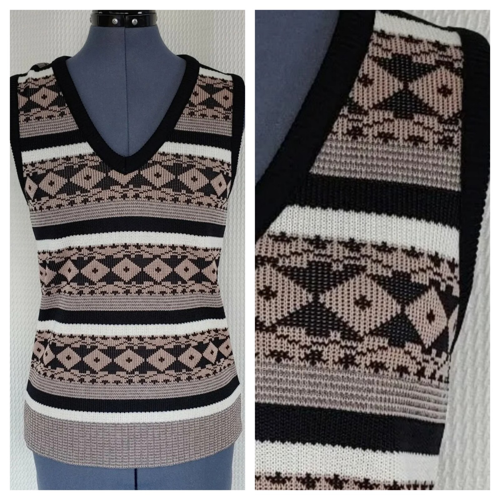Vintage Black, Tan and Cream Acrylic Vest 32″ Bust Size XS?