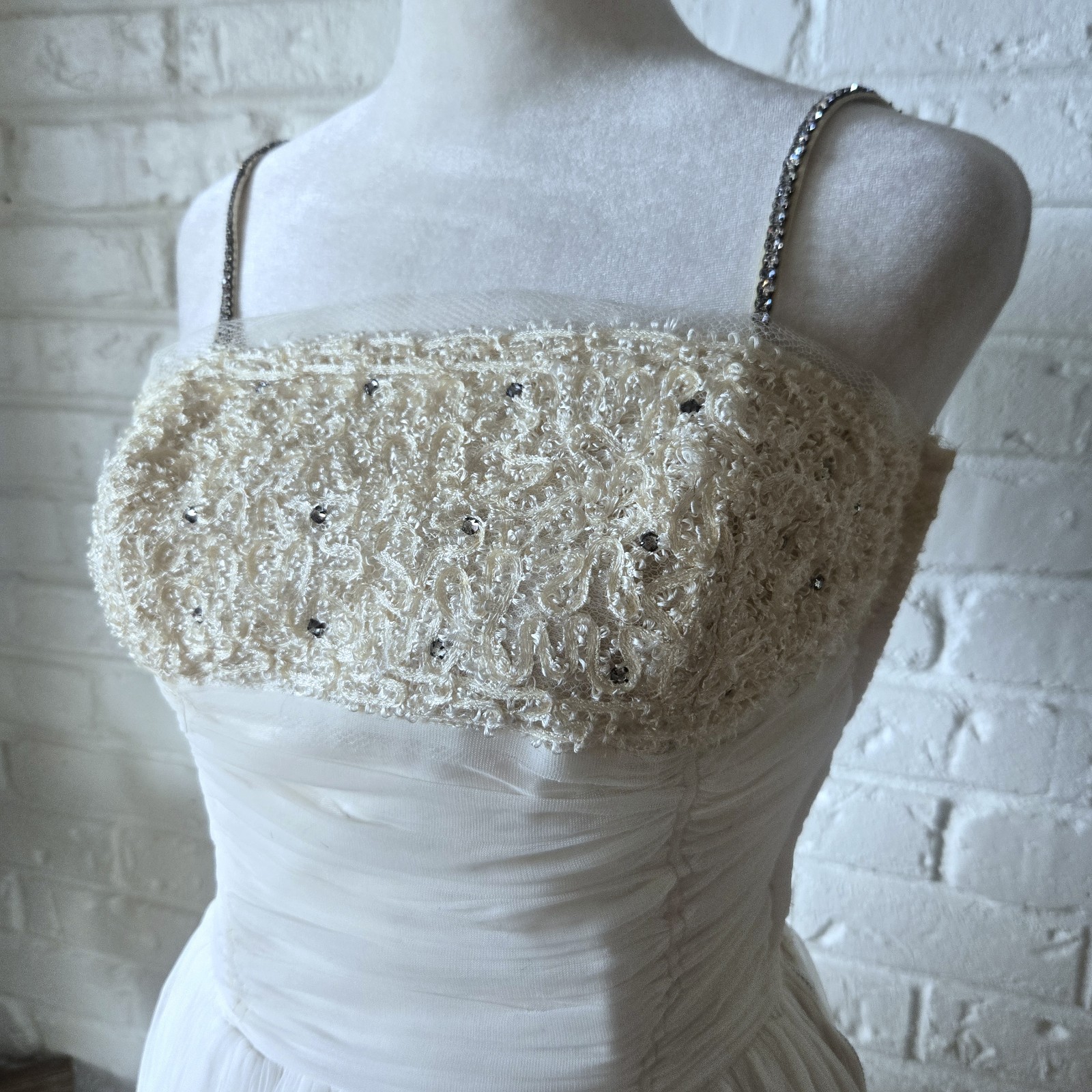 Vtg 1950s 60s Rhinestone Ruched Party Dress, Wedding, Bridal