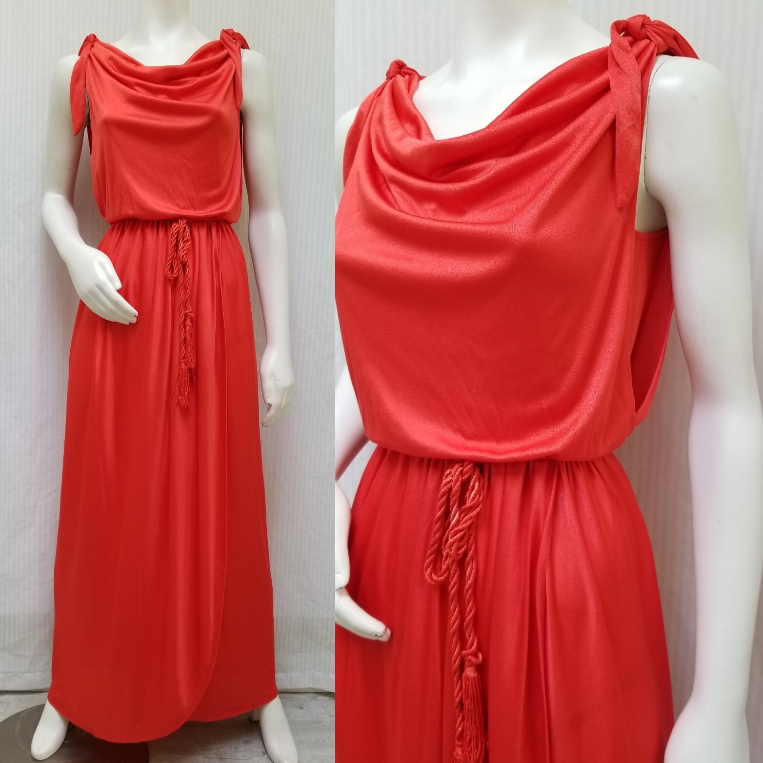 Vintage 1970s Shiny Red Jersey Knit Disco Draped Dress w/ Tassel Belt – Size S