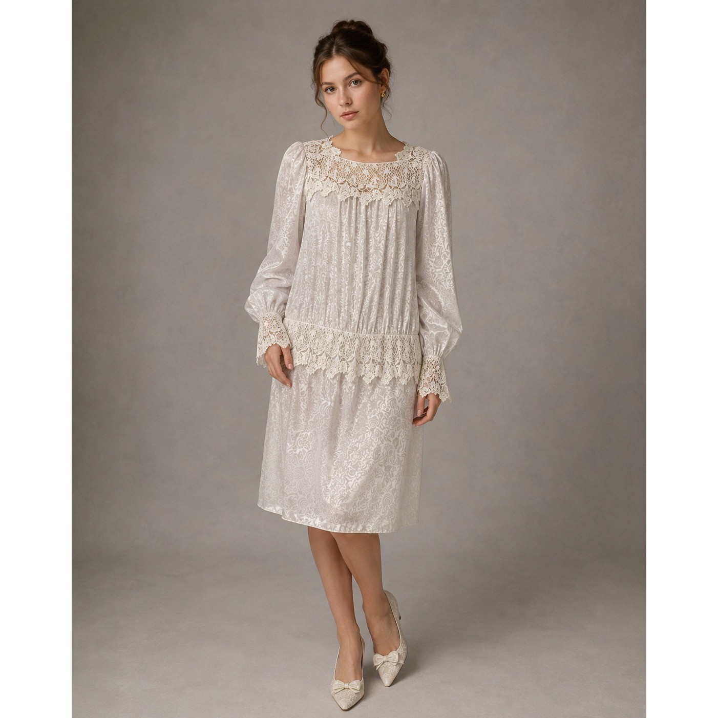 Cachet Bari Protas Floral Damask Lace Drop Waist Dress Womens 12 Cream Ivory 80s