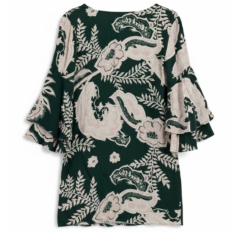 Ella Moss Floral Bell Sleeve Mini Dress XS Green Pink Boho Cottagecore EUC