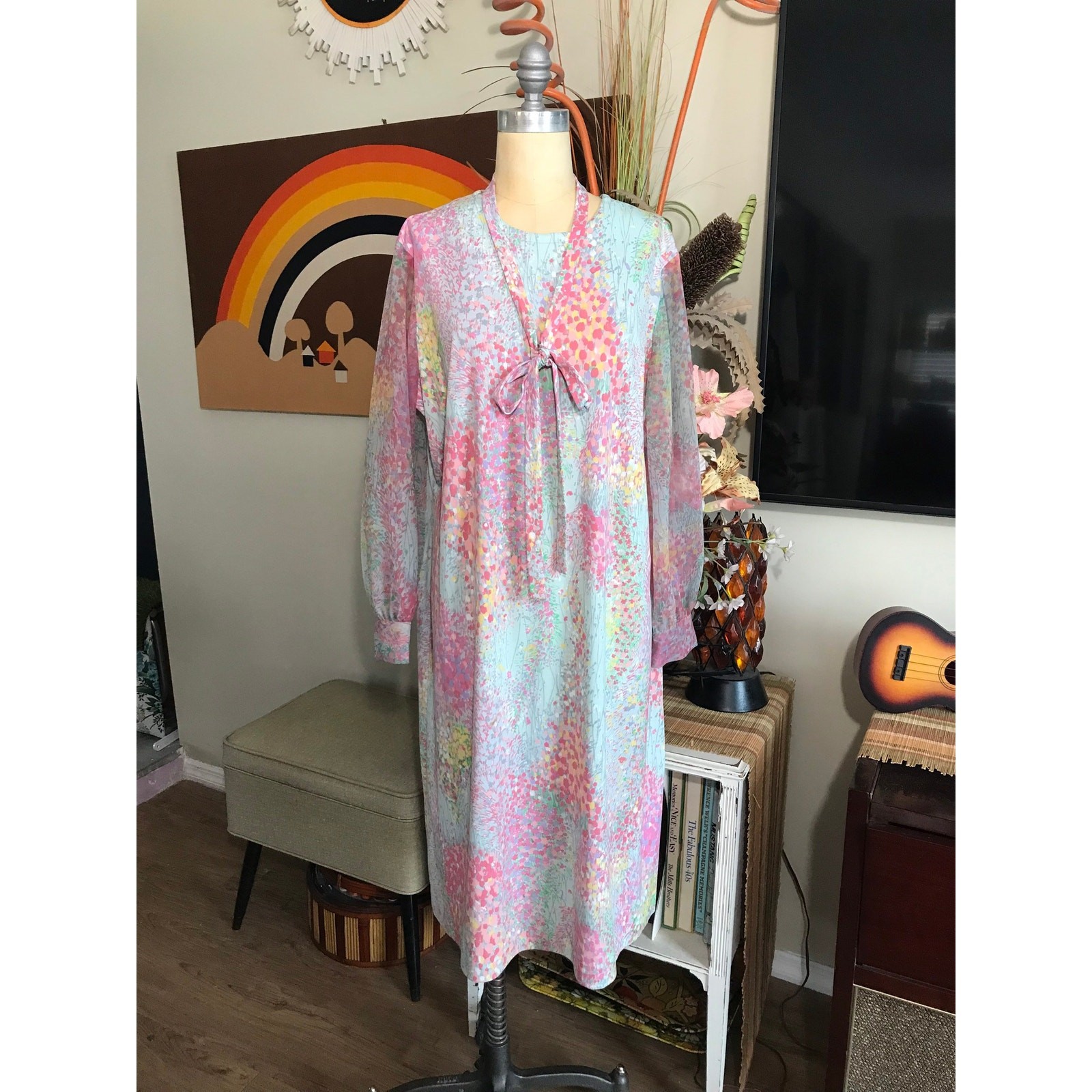 Vintage 1970s Mary Roberts Pastel Floral Dress with Detachable Chiffon Vest