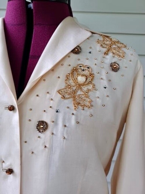 Vintage 60s Malbe Original 2 Pc Size 12 Appliqué Shirt and Slim Ankle Pant Suit