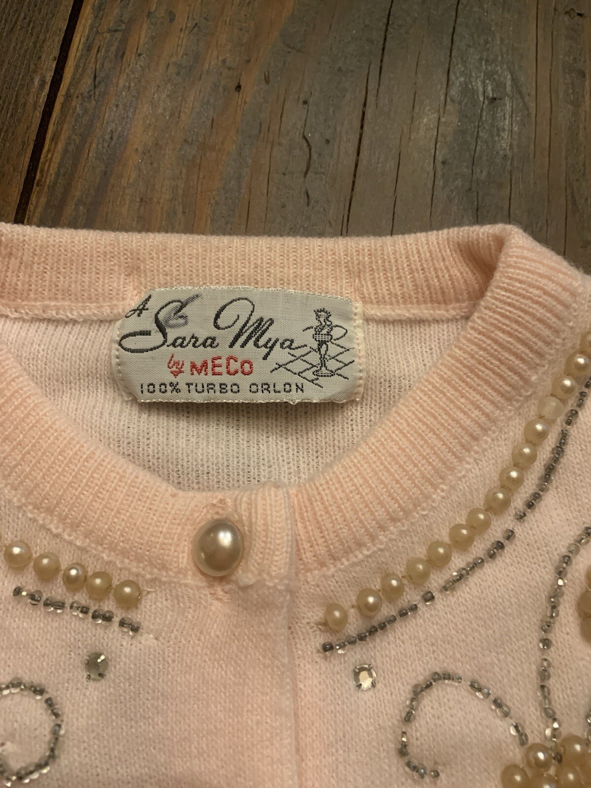 Vintage A Sara Mya By Meco 100% Turbo Orlon 1950’s Pink Embroidered Sweater
