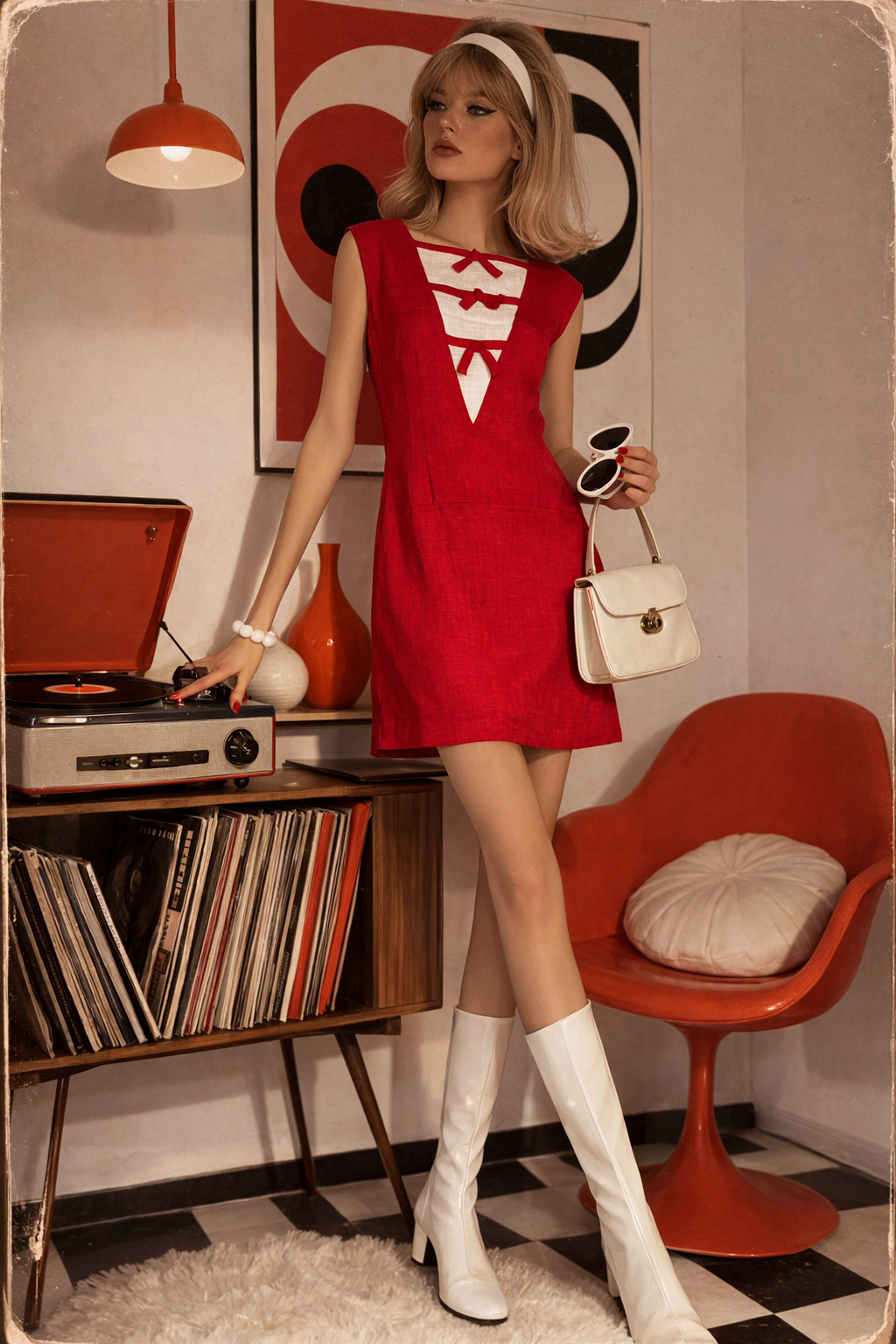 Original 60s mod dress red white shift mini size 36 38 rayon linen structure twiggy