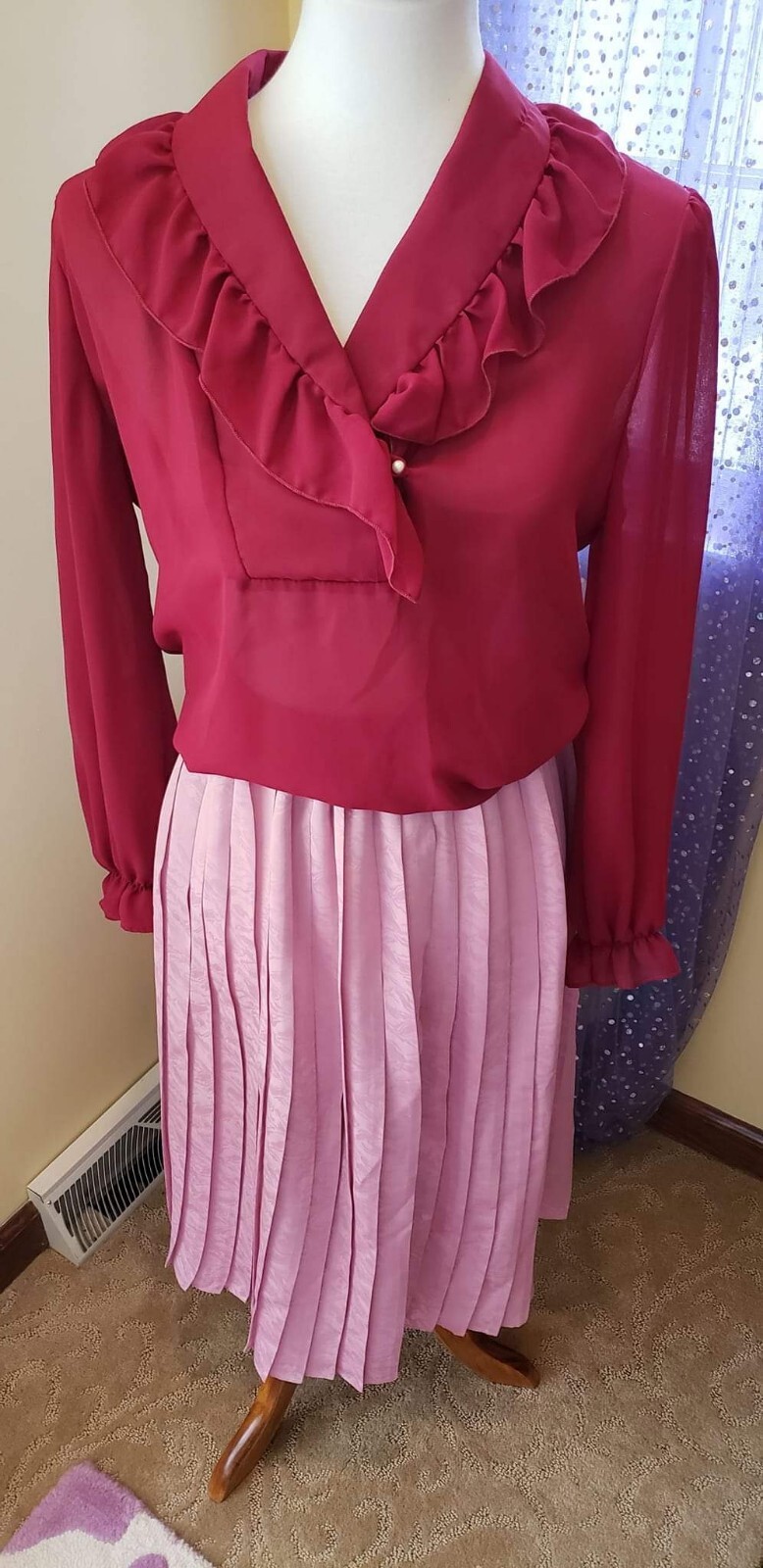 Vintage 70’s Eber of California Crimson Red Ruffled Sheer Blouse Size Medium