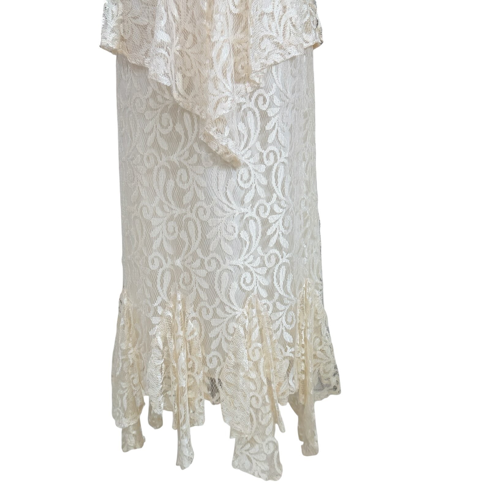 Vintage Zum Zum Lace Peplum Midi Dress Ivory Cream Bow Handkerchief Hem Bridal