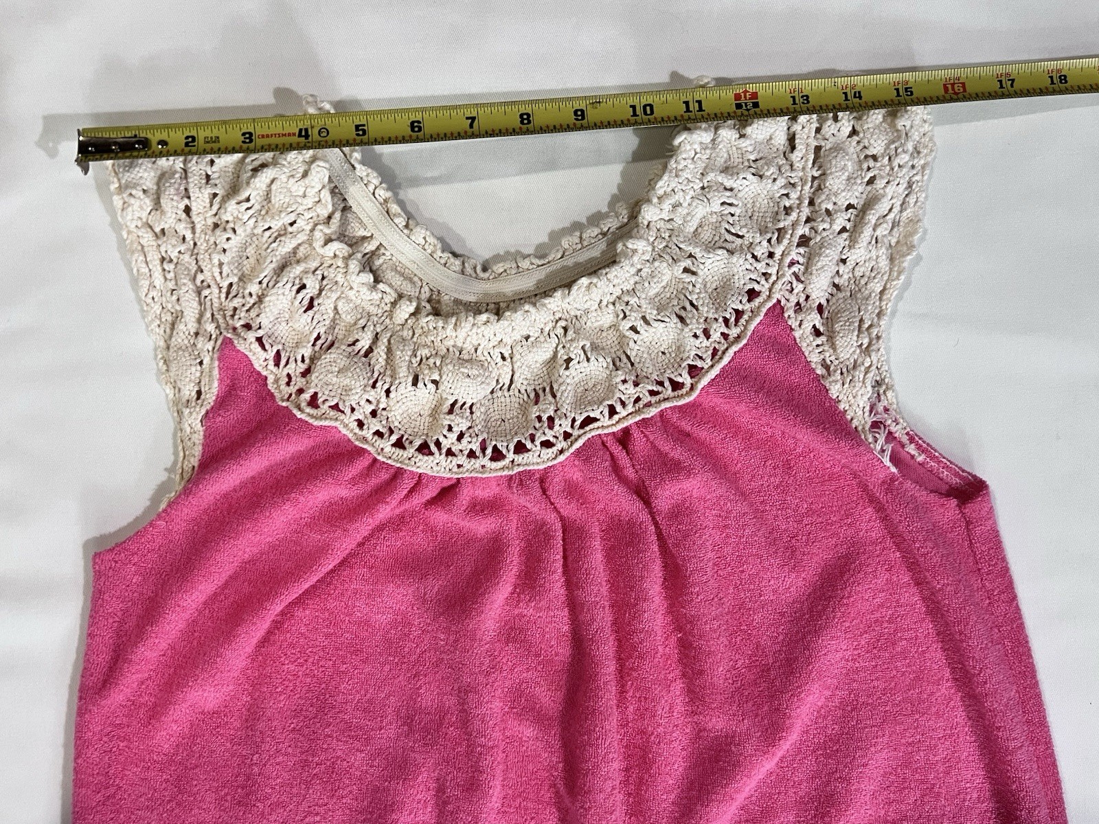 Vintage Hot Pink Terry Cloth Crocheted Lace Summer Dress Swim Cover Up 70s Mod