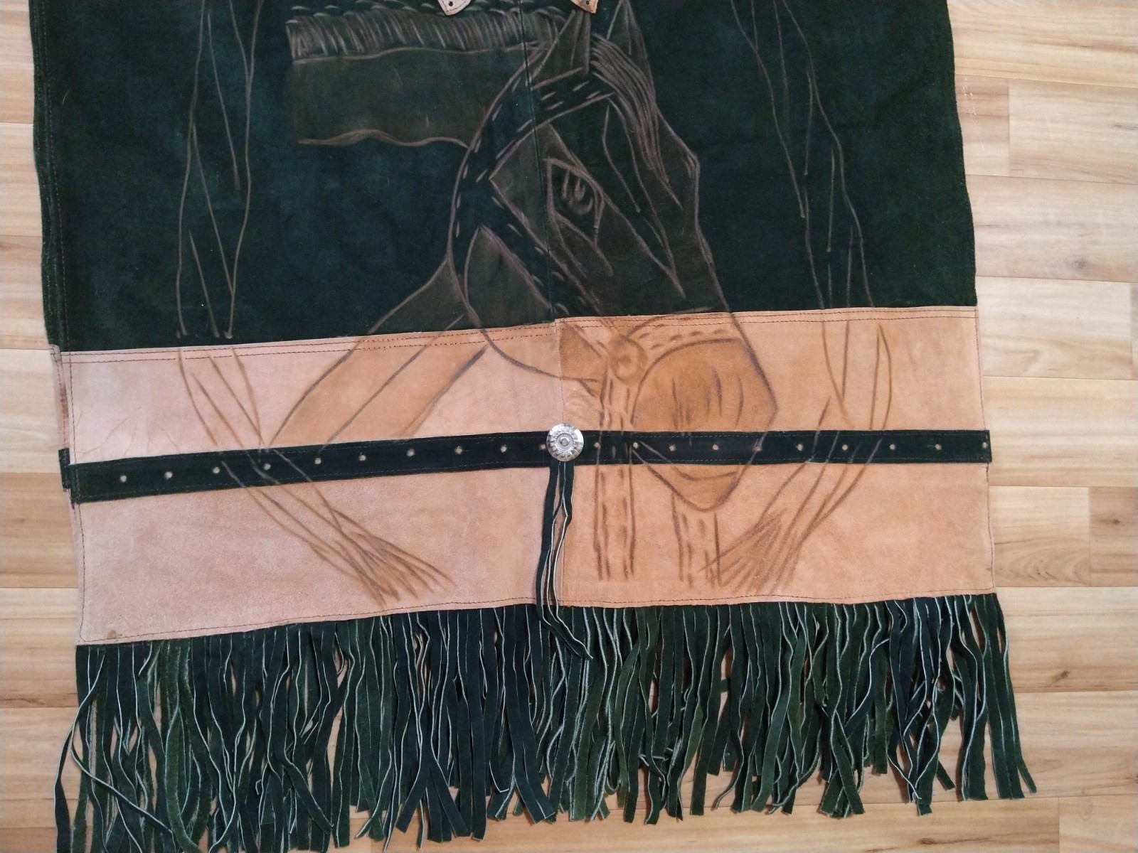 Vintage Armando’s Leather/Suede Fringed Poncho Horse Design Front and Back