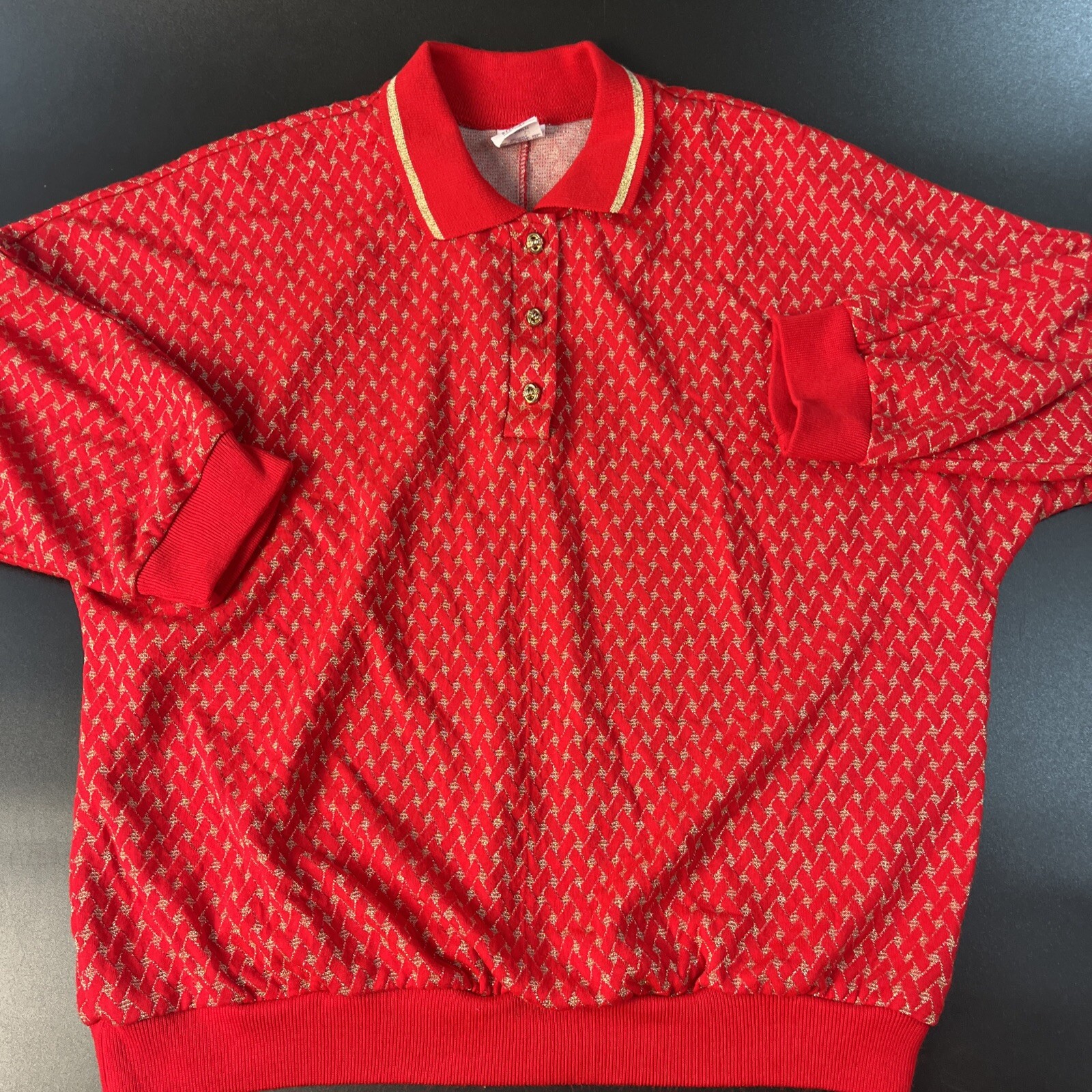 Vintage 80s Red & Gold Check Granny Core Collard Pullover Top Women Large/1X USA