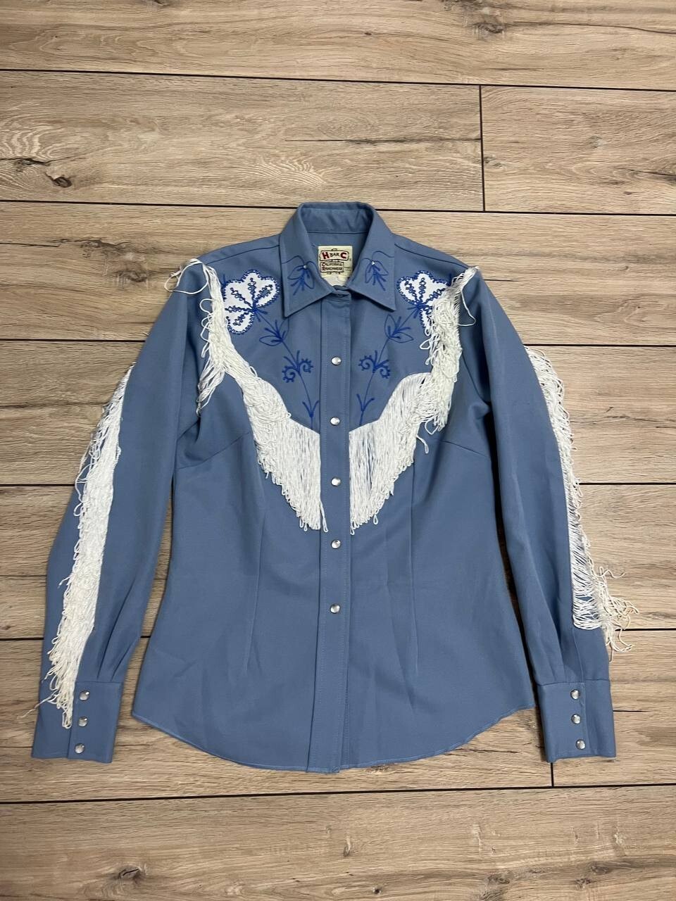 Women vintage H BAR C pearl snap embroidered fringed western shirt 39in M-L