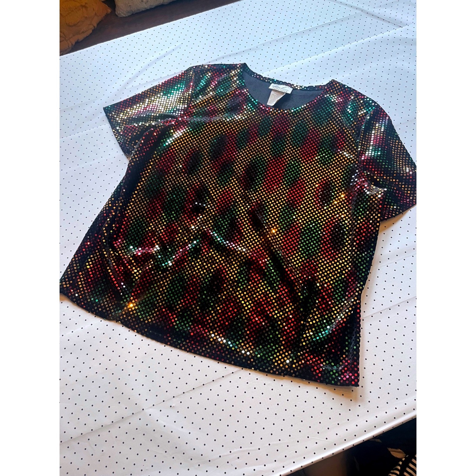 Kathie Lee Collection Vintage Y2K Metallic Disco Top Multicolor Foil Dot Blouse