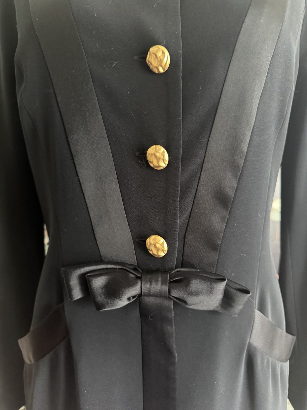 Vintage ‘80s Nipon Boutique Black Crepe & Satin Dress Long Sleeve Bow 8 Small