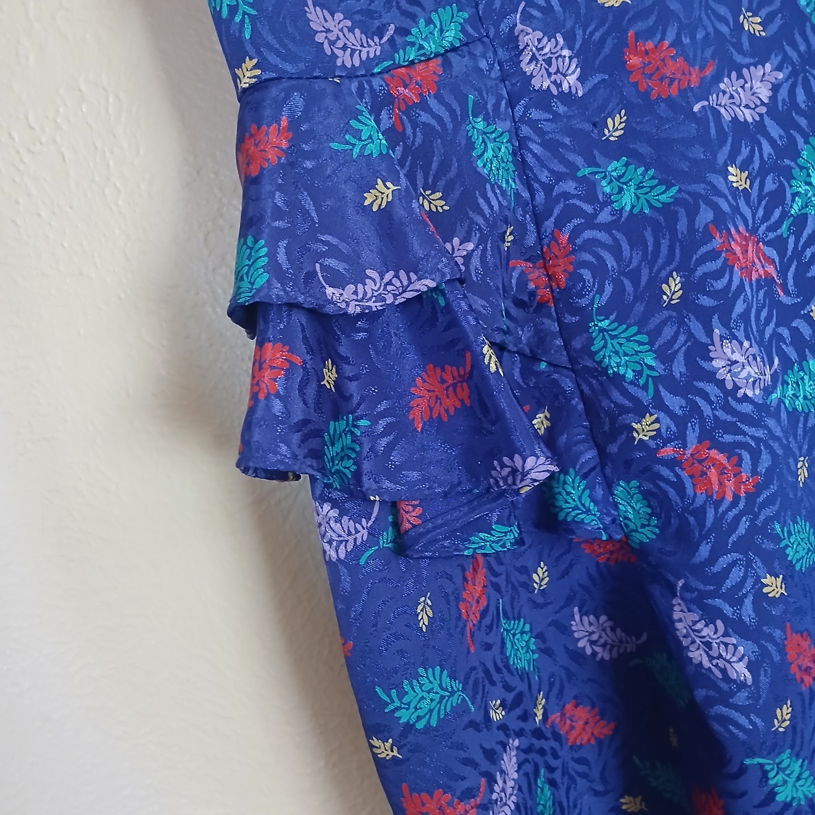 Vintage 80’s Lisa Petites Blue Leaf Dress w/Hip Ruffles Women’s Size 6