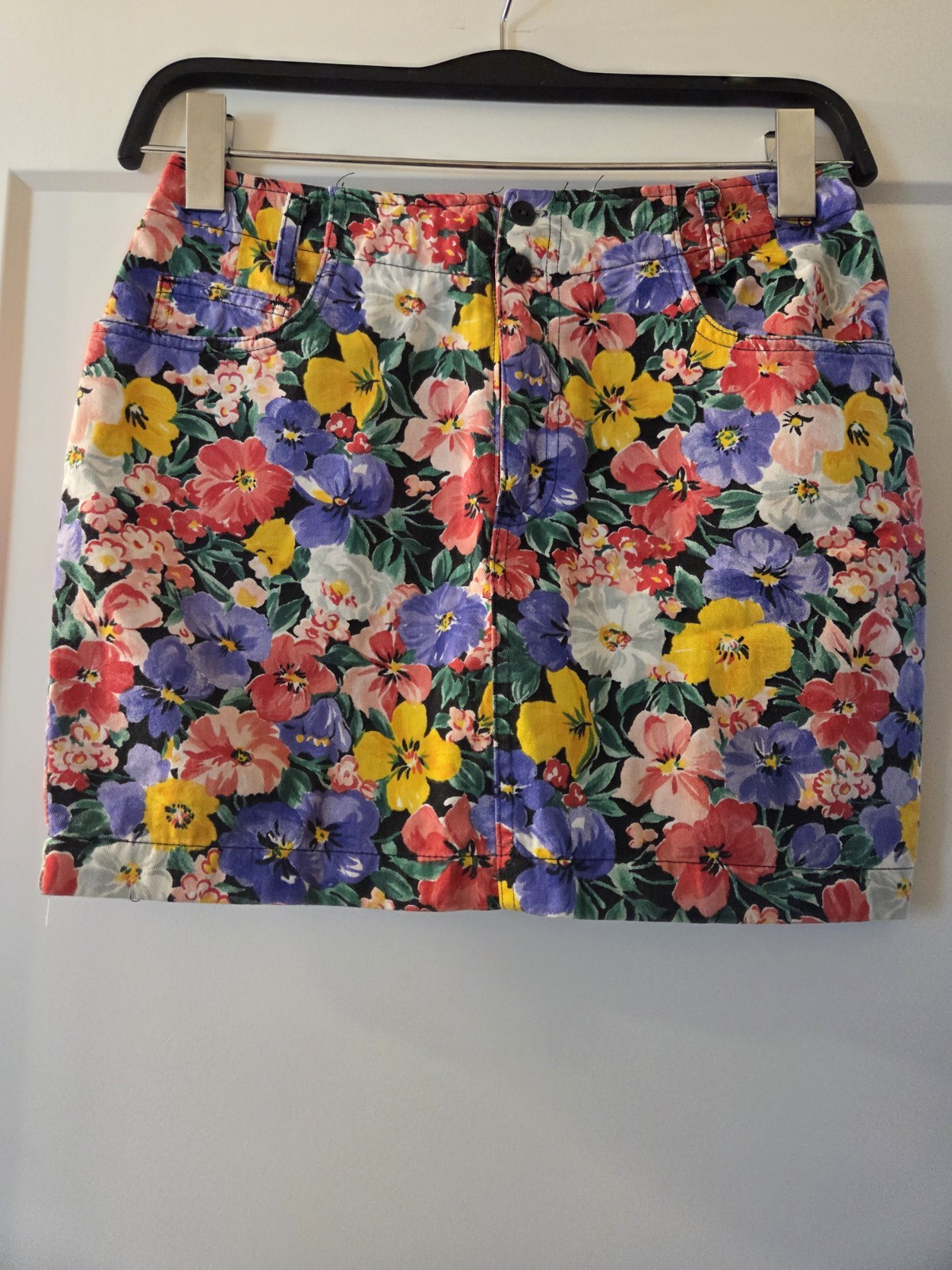 Vintage 80s Contempo Casuals Floral Print Denim Mini Skirt