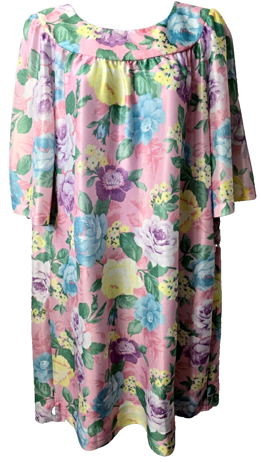 Vintage Caftan Satin Nightie Dress M L Night Gown Mrs Roper Floral Beach 80s 90s