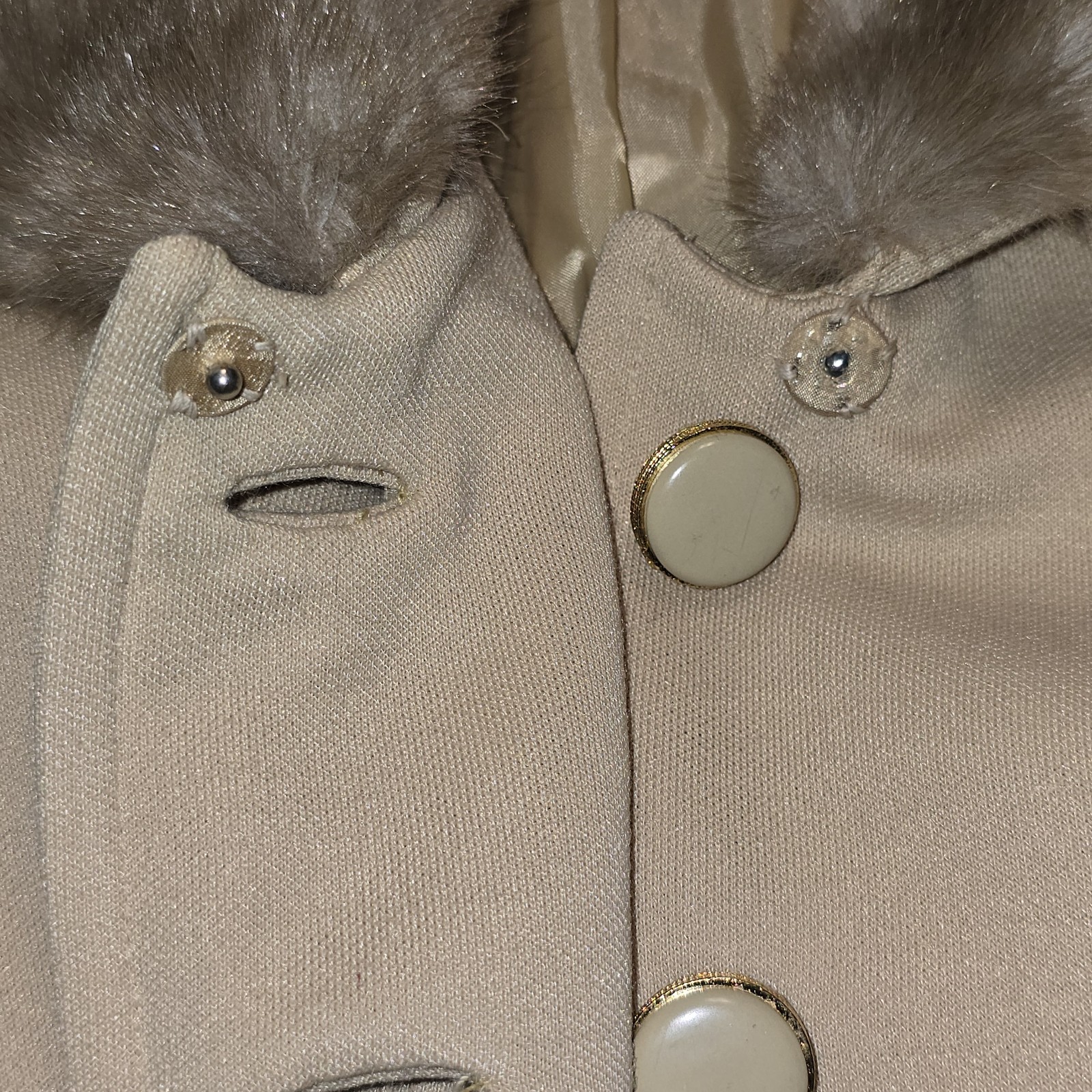 VTG 1960s Lilli Ann Tan Penny Lane 27″ Mid Coat Brown Faux Fur Trim Cuffs L 16