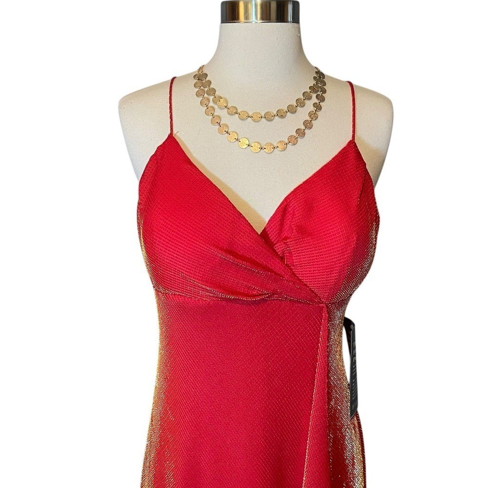 VTG 90s Betsey & Adams Red Gold Metallic Mesh Prom Gown Dress 12P NWT