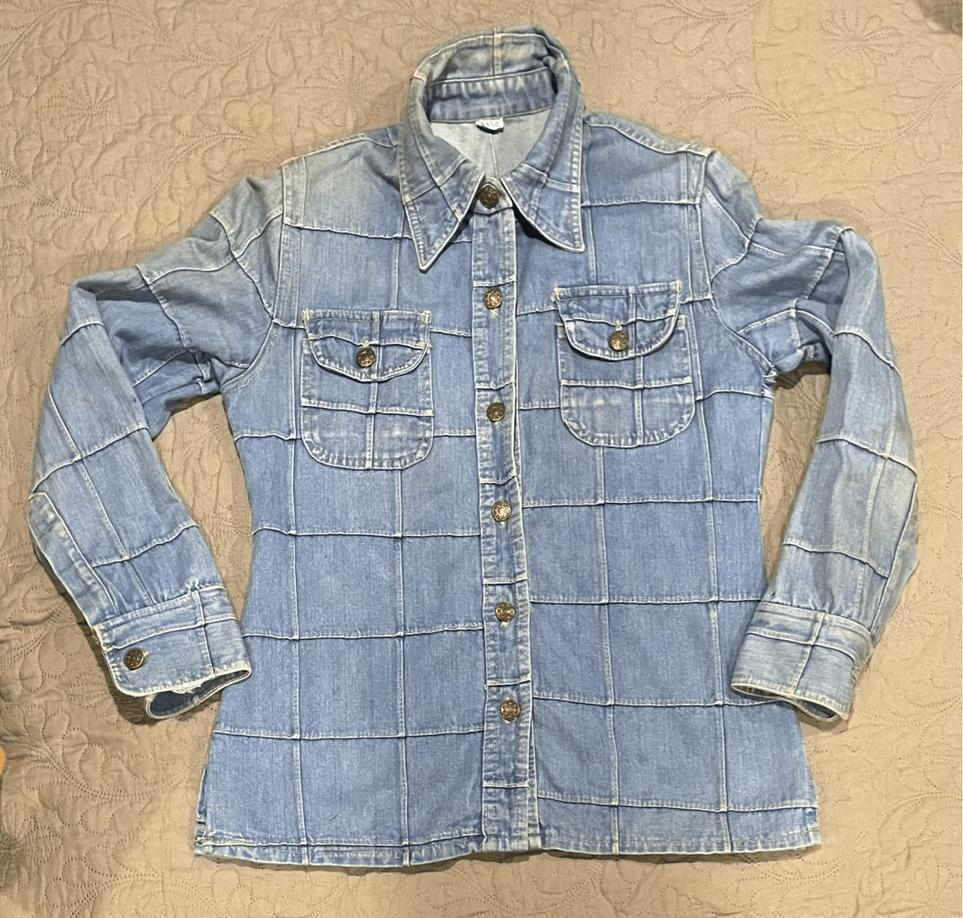 Vintage 1970s Patchwork Denim Cotton Button Up Shirt Lapels 9/10