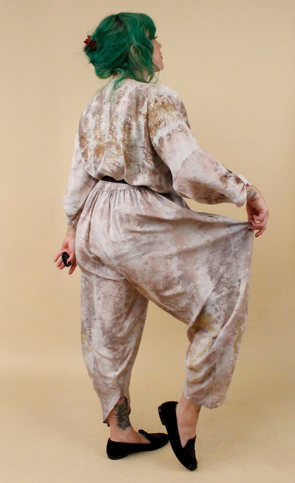 80s Vtg Silk Beige Gold Laise Adzer Langenlook Moroccan Harem Pant Suit OS