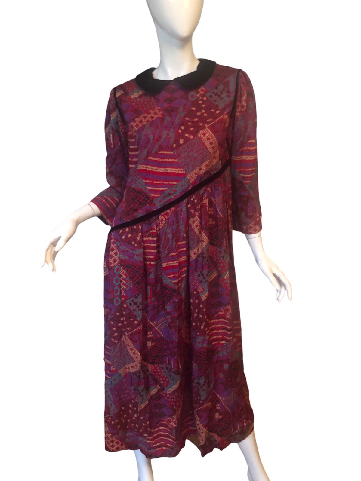 NWT Vtg 80s HORCHOW Dress M Rayon ART PATCHWORK Print COTTAGECORE Collar MIDI
