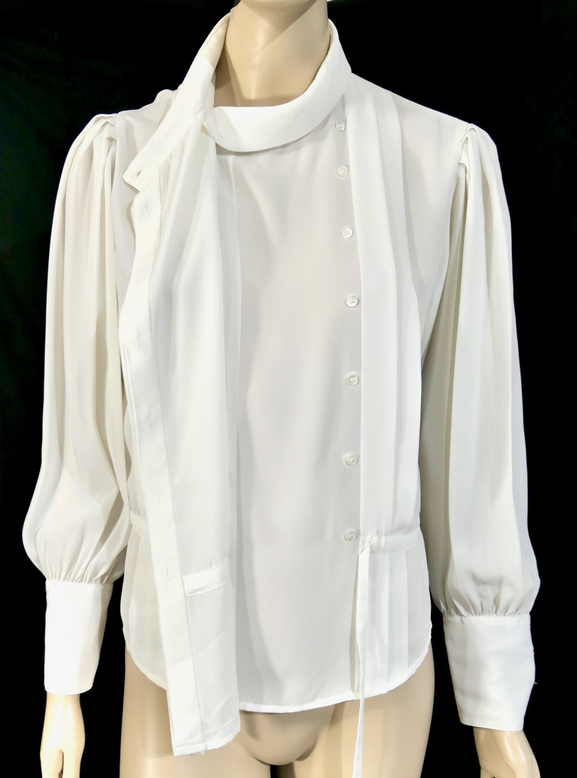 Vintage 80s Liz Claiborne Chiffon Bishop Sleeve Military Draw String Blouse sz 4