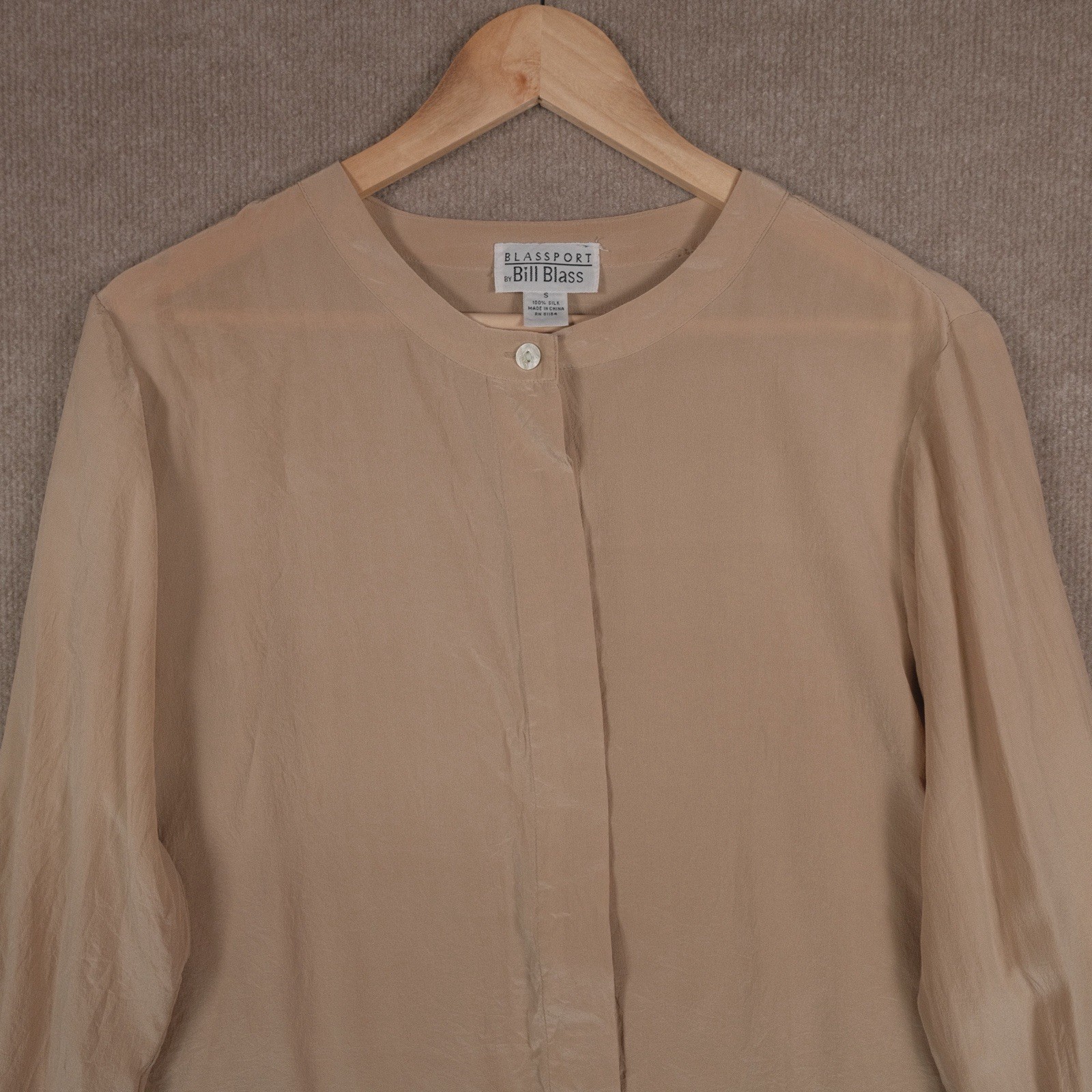 Vintage Blass Port By Bill Blass Women’s 100% Silk Shirt Band Collar Beige S