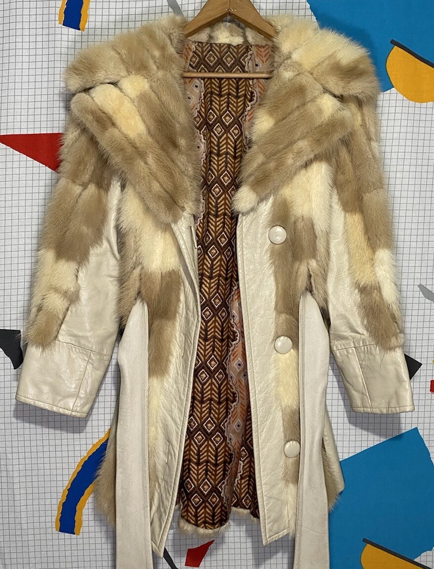 Vintage 70s Fur Patchwork Leather Jacket Coat Fox Mink Mosaic Hippie Mobwife 60s