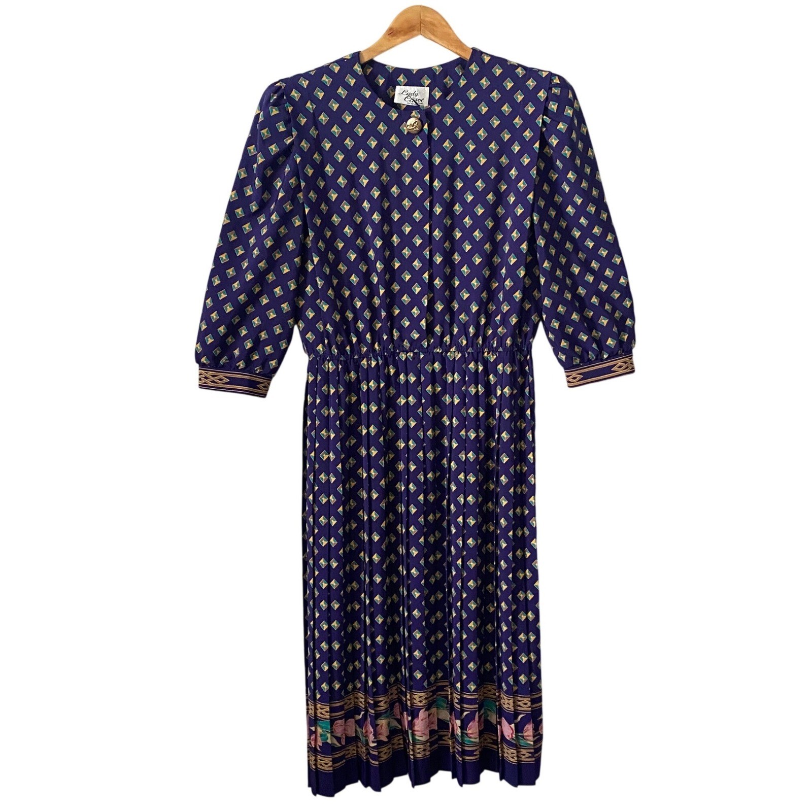 Lady Carol of New York Vintage 80s Purple Geometric Floral Pleated Midi Dress