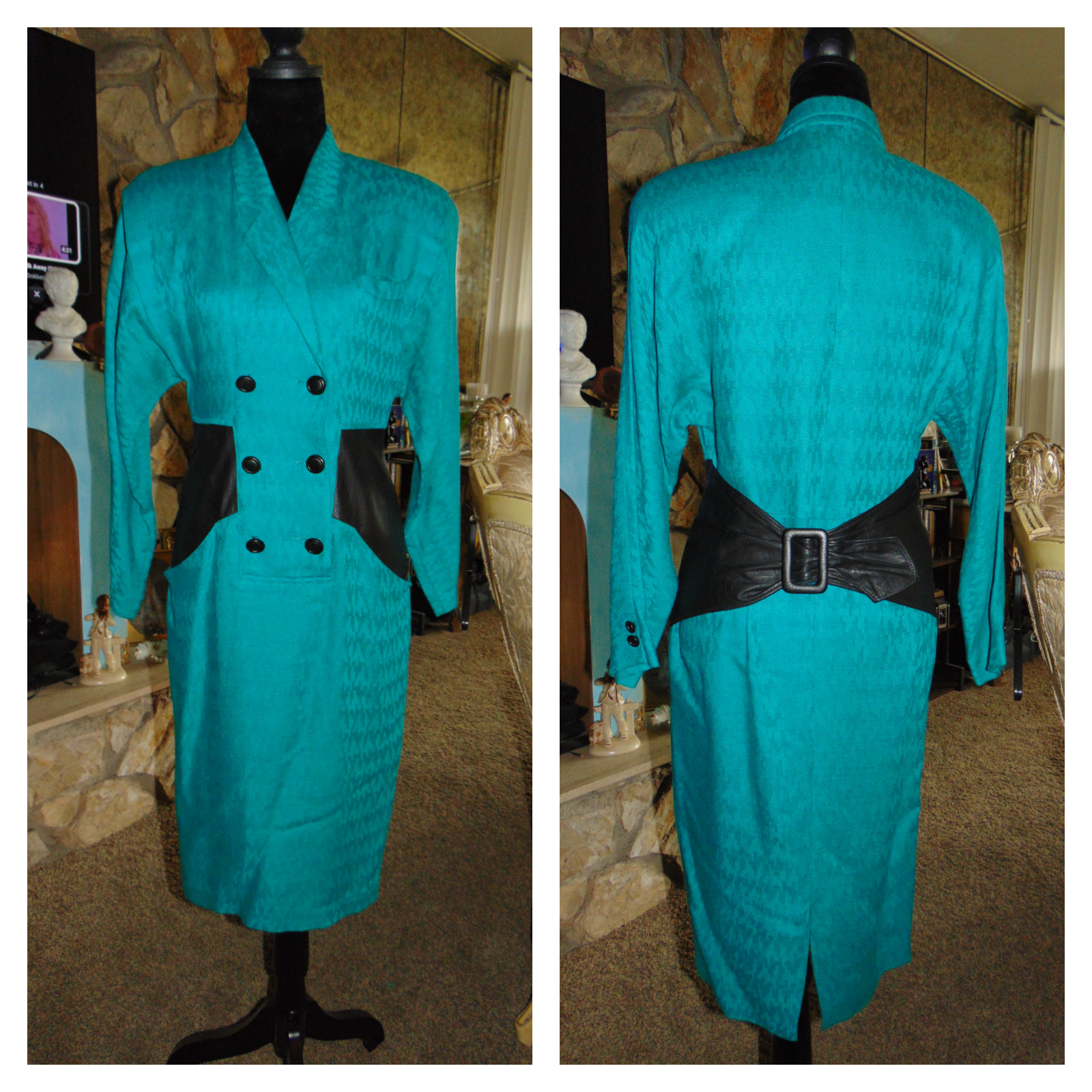 Vintage 80s NAFTA – LINE Dress France Fitted Secretary Geek Green Black 38/8 US