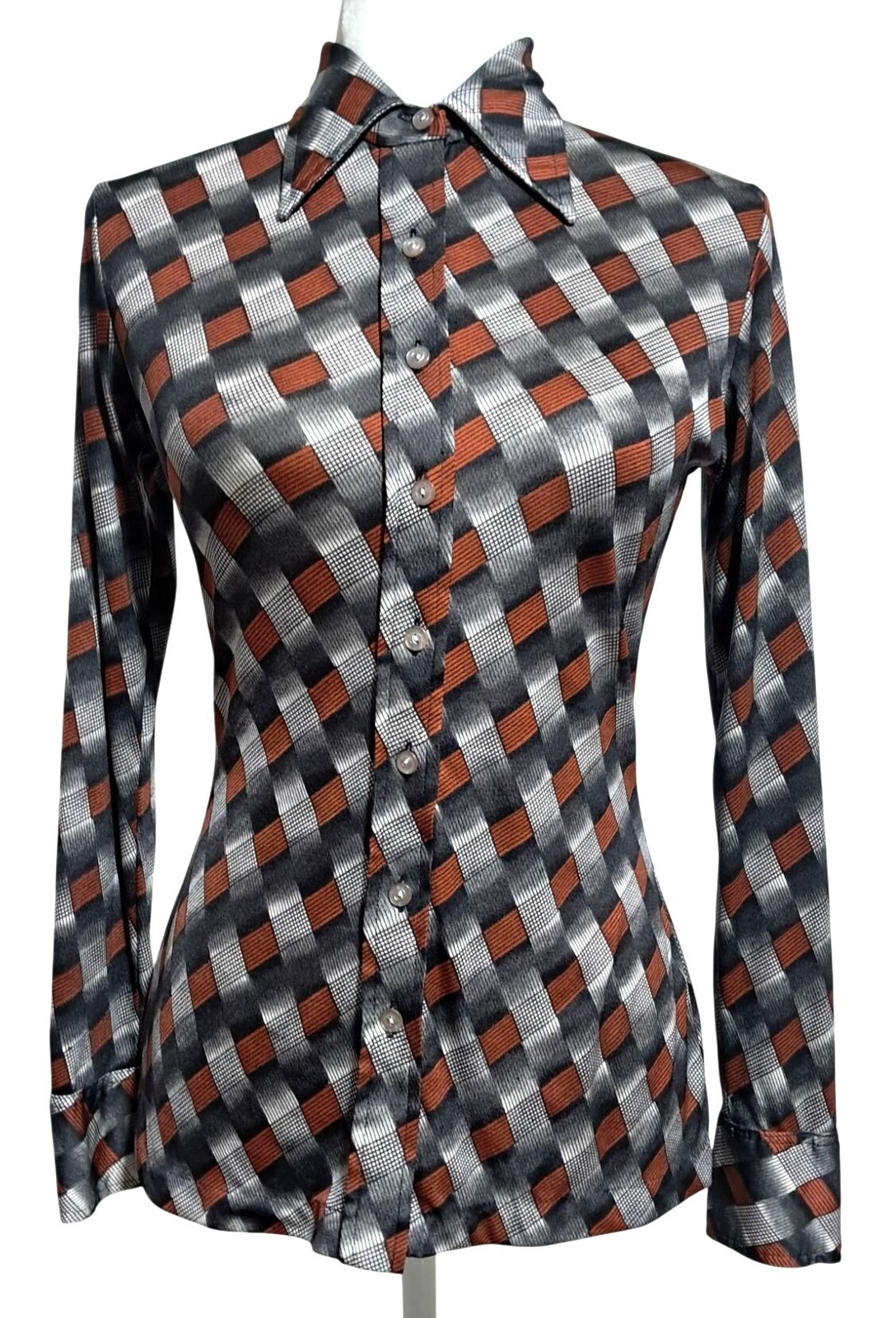 Organically Grown by Arpeja Button Down Shirt Women Vintage Orange Black Pattern