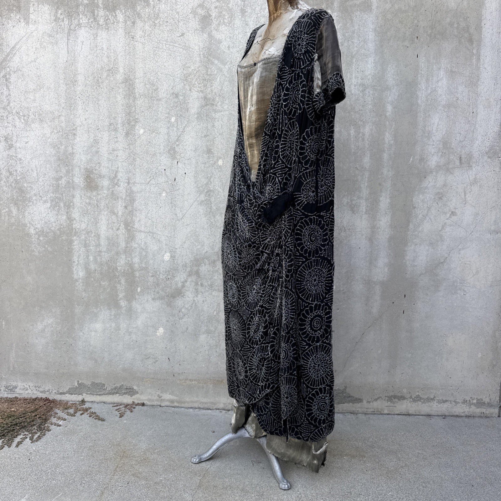 Antique 1920s Completely Beaded Flower Gown Silver Lamé Full Length Dress VTG