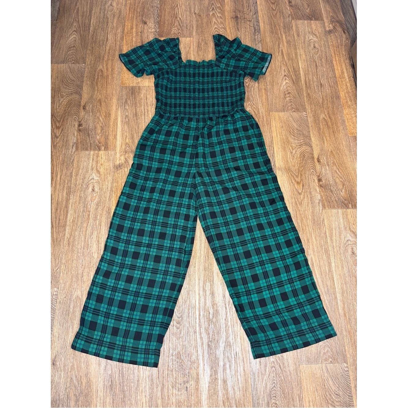 Draper James Green Plaid Smocked Off-Shoulder Wide-Leg Jumpsuit Size Large