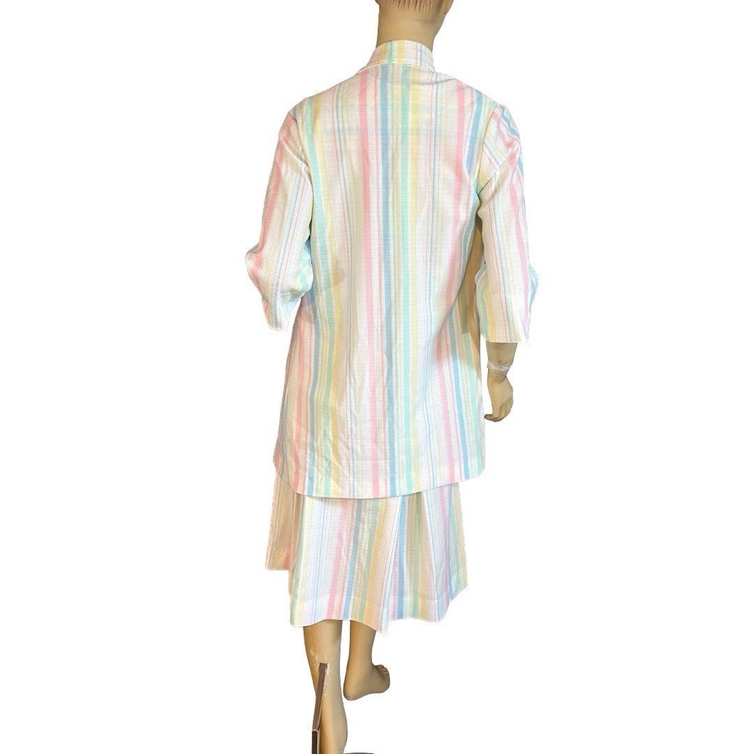 VINTAGE CIRCA 1970’S WHITE W/PASTEL STRIPES DROP WAIST DRESS SET SZ APPX MED