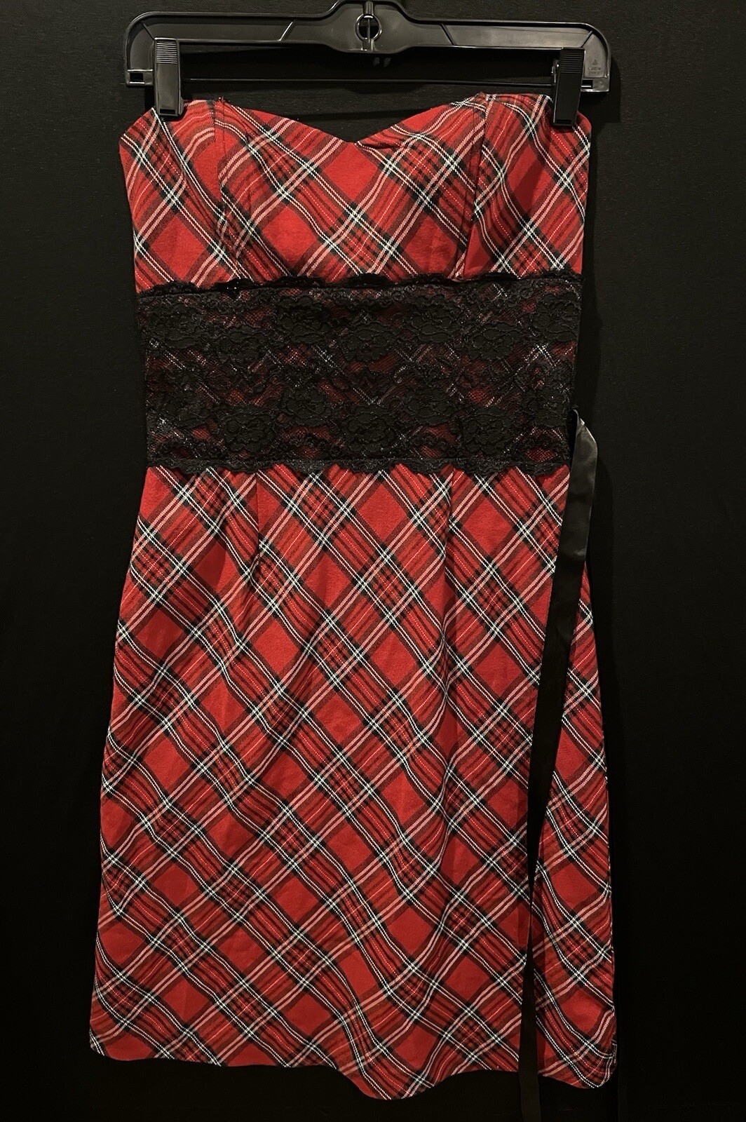 Vintage Y2K Taboo Plaid Strapless Dress Medium Lace Midi 90s Preppy School Girl