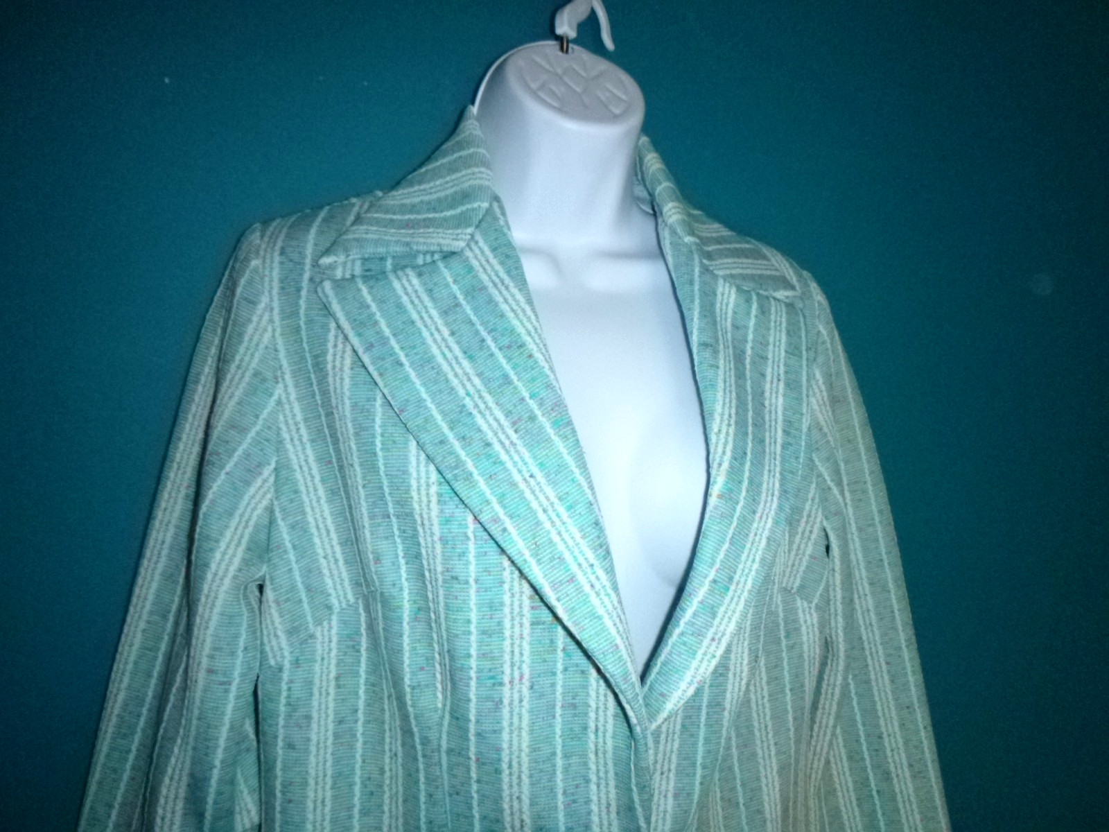 Vtg 70s Graff Textured Stretch Poly Pant Suit Aqua Colored Flecks Sz S