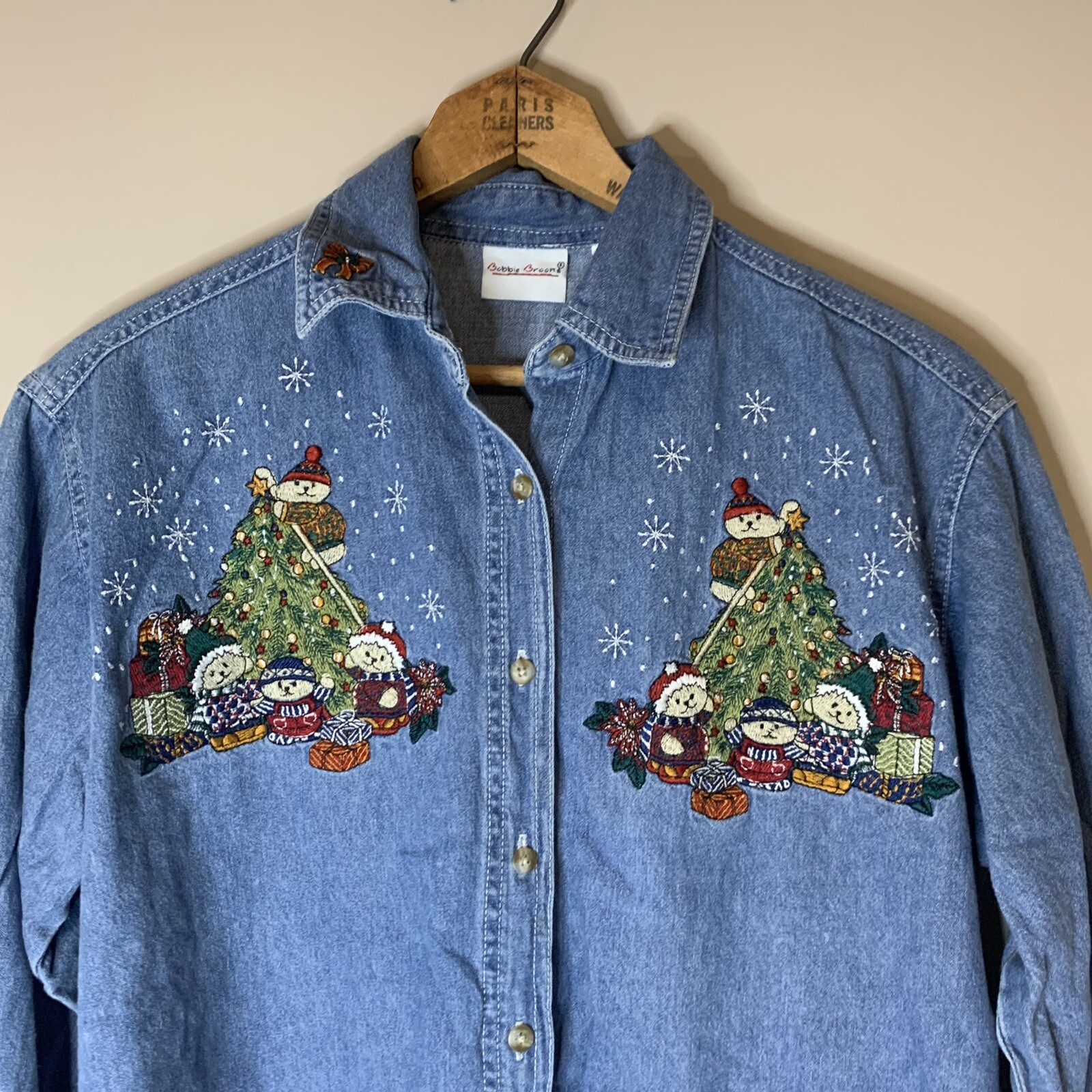 VTG Christmas Teddy Bear Embroidered Denim Shirt Holiday Top Womens M/L Approx