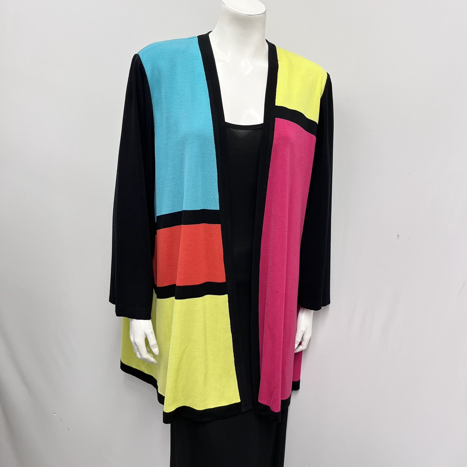 Misook Cardigan Color Block Design Aqua Black Yellow Orange Fuchsia Size 3XL