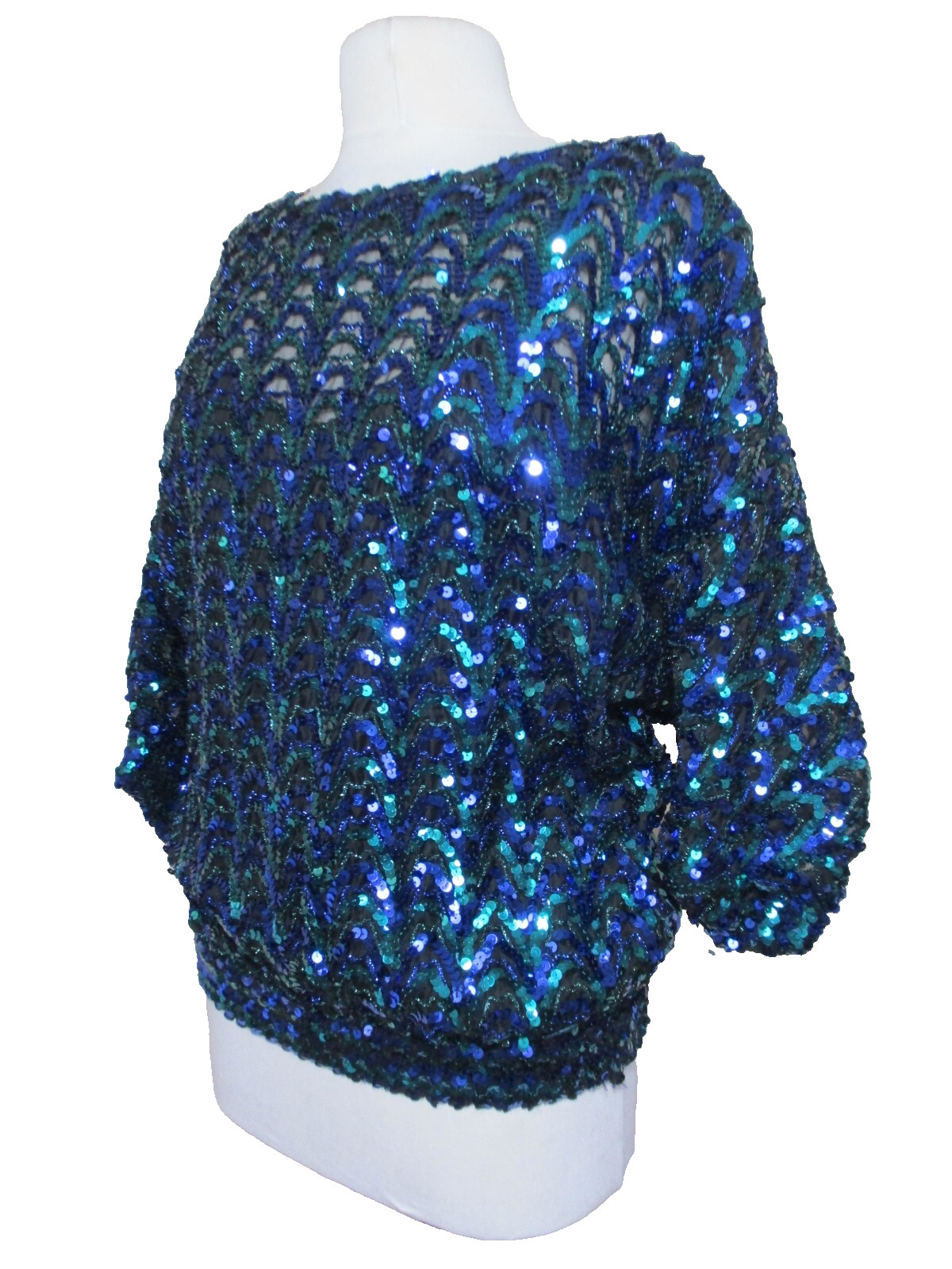 Vintage Three Flaggs Sequin Top M Women Green Blue Black Dolman Sleeve