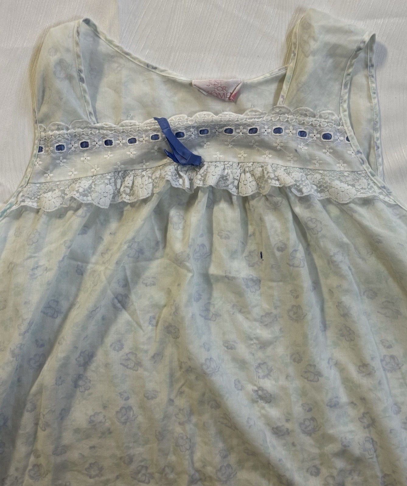 Vtg Just for Women Blue Floral Sheer Lace Nightgown Cottagecore Sleepwear 80’s